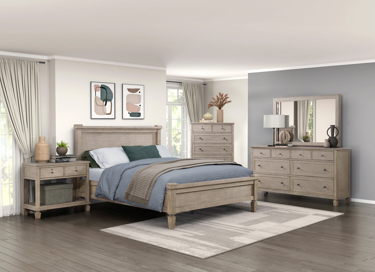 Ash blonde wood bedroom set featuring a bed nightstand dresser and chest
