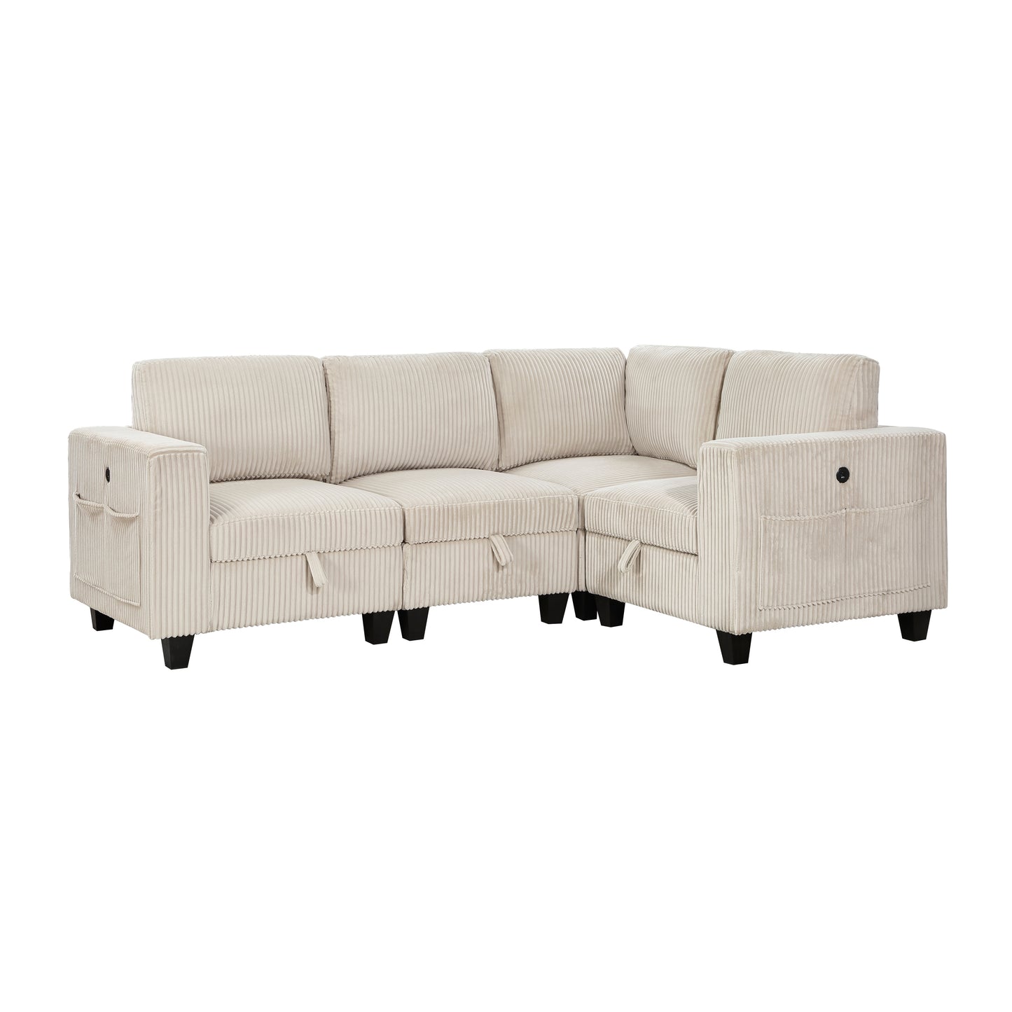 Cream corduroy sectional sofa with plush cushions and storage modern living room furniture