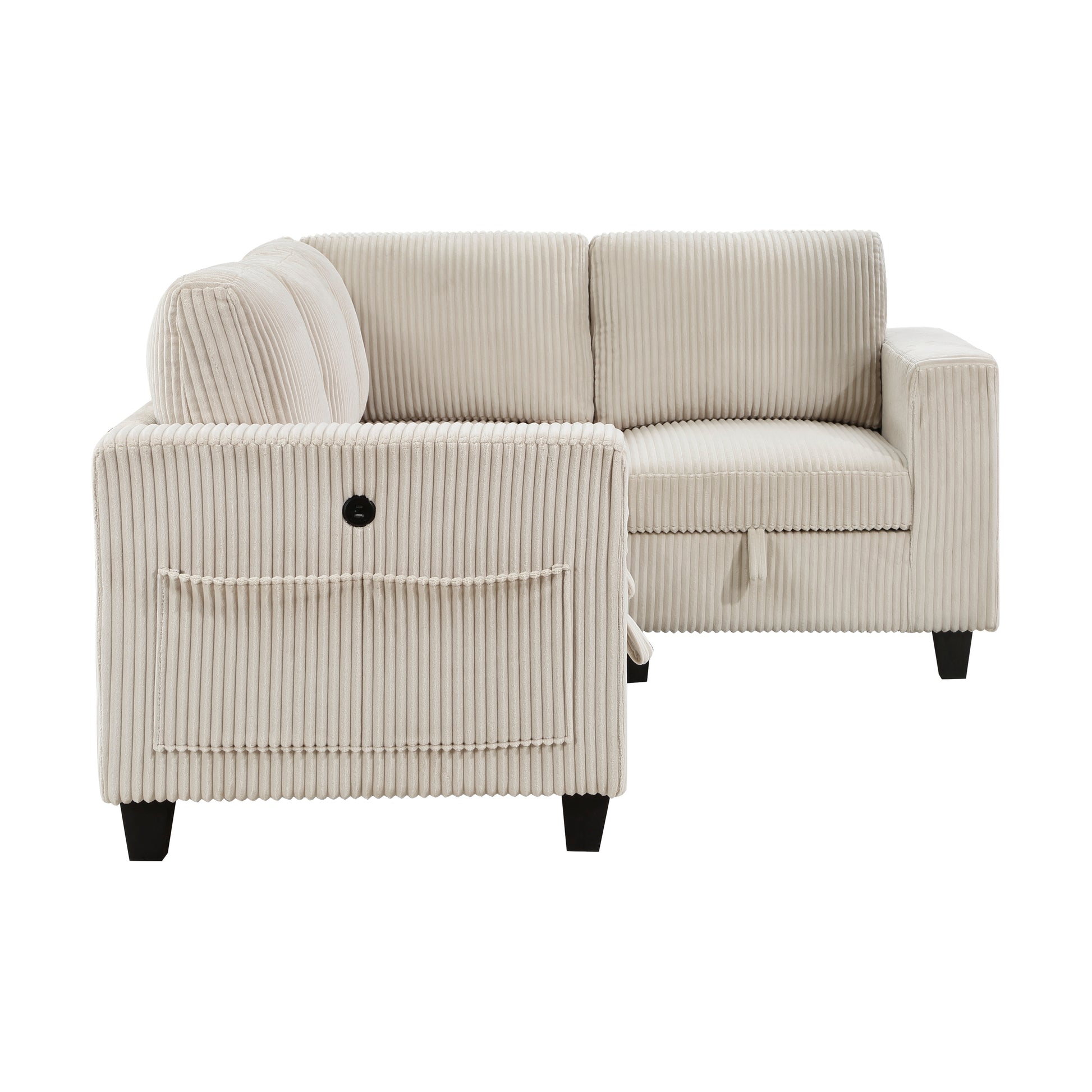 Cream corduroy sectional sofa with deep channel tufting and a convenient side pocket Perfect for cozy living rooms