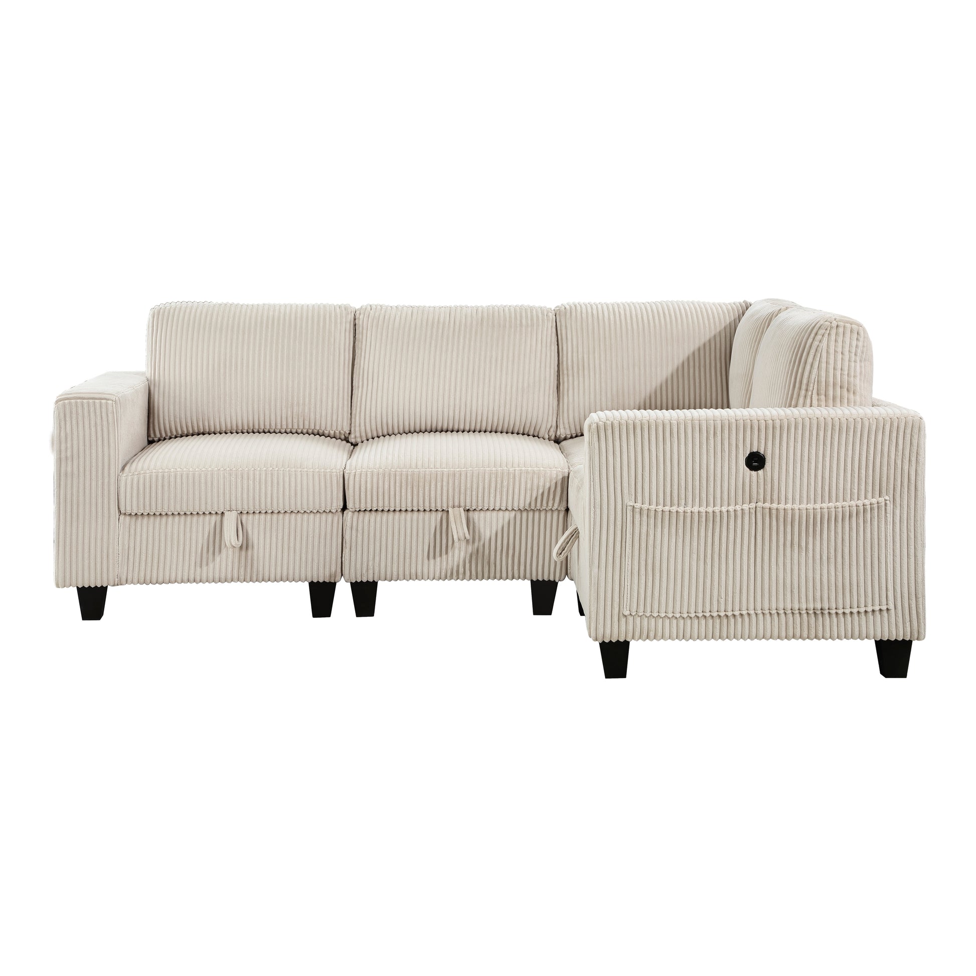 Beige corduroy sectional sofa with tufted cushions and storage  characters
