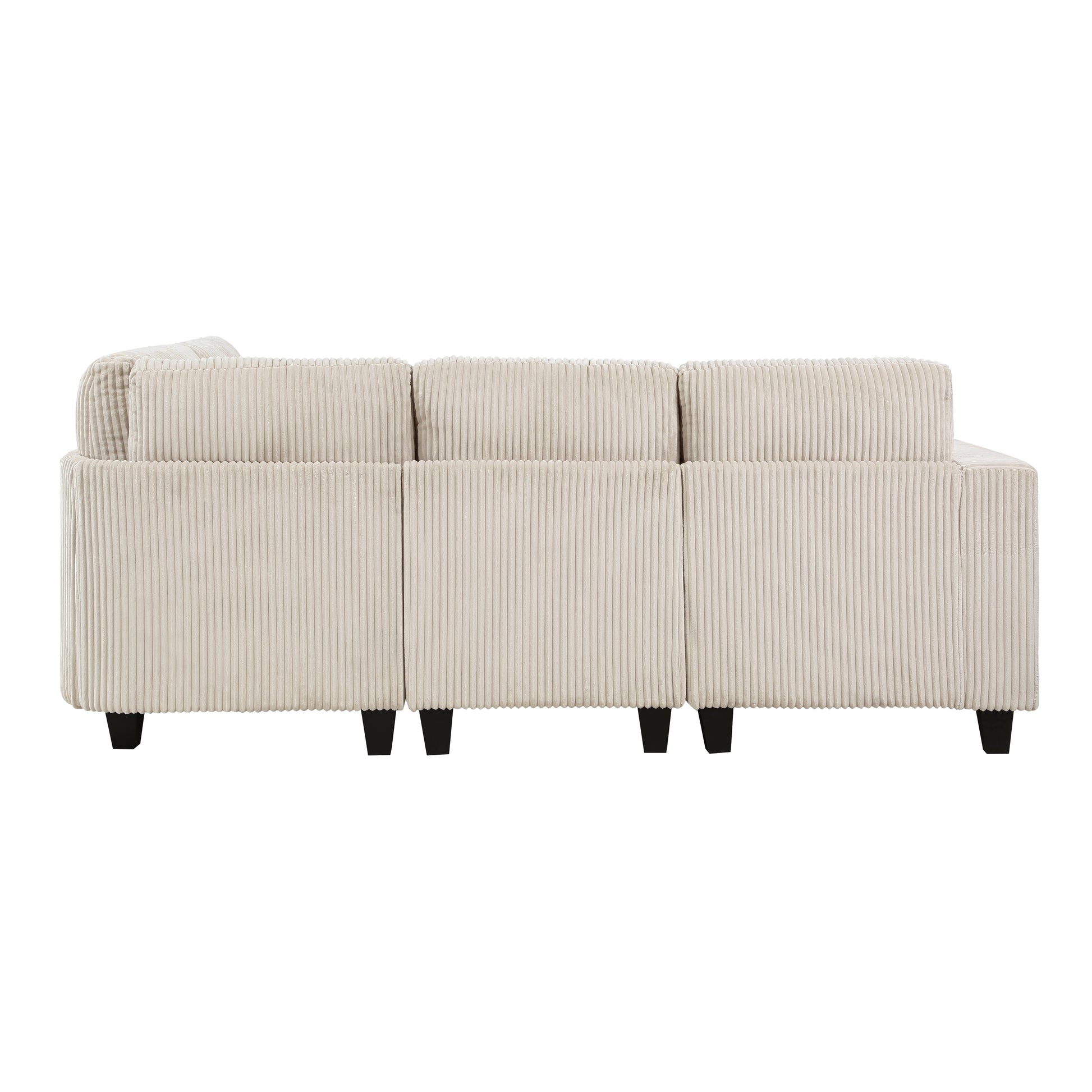 Cream corduroy sectional sofa with plush back cushions and black tapered legs