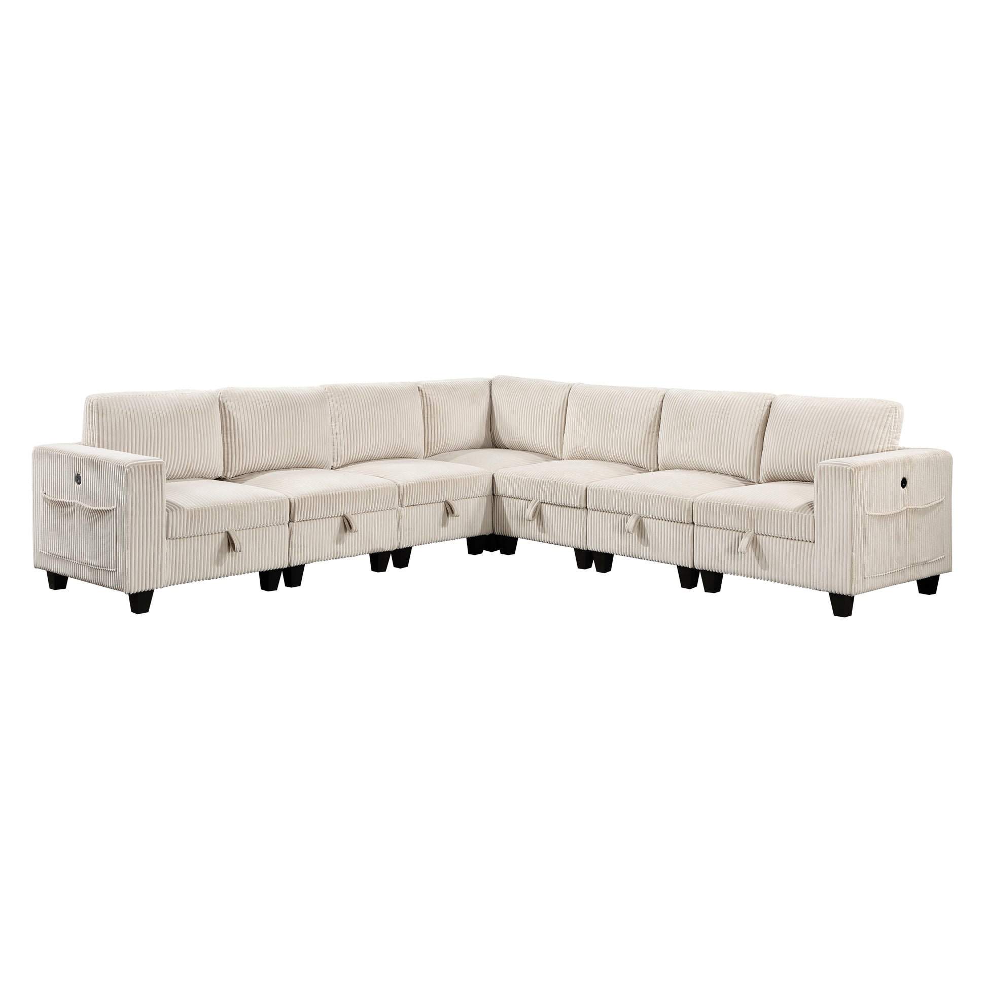 Cream corduroy sectional sofa with plush cushions and convenient storage compartments