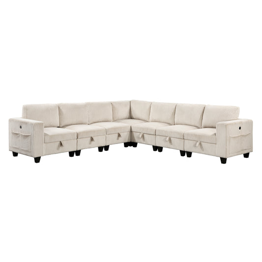 Cream corduroy sectional sofa with plush cushions and convenient storage compartments