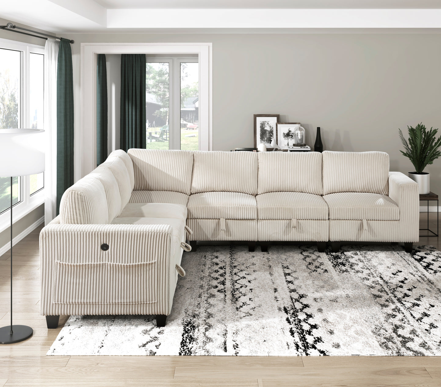 Cream corduroy sectional sofa with storage and pull tabs ideal for living rooms