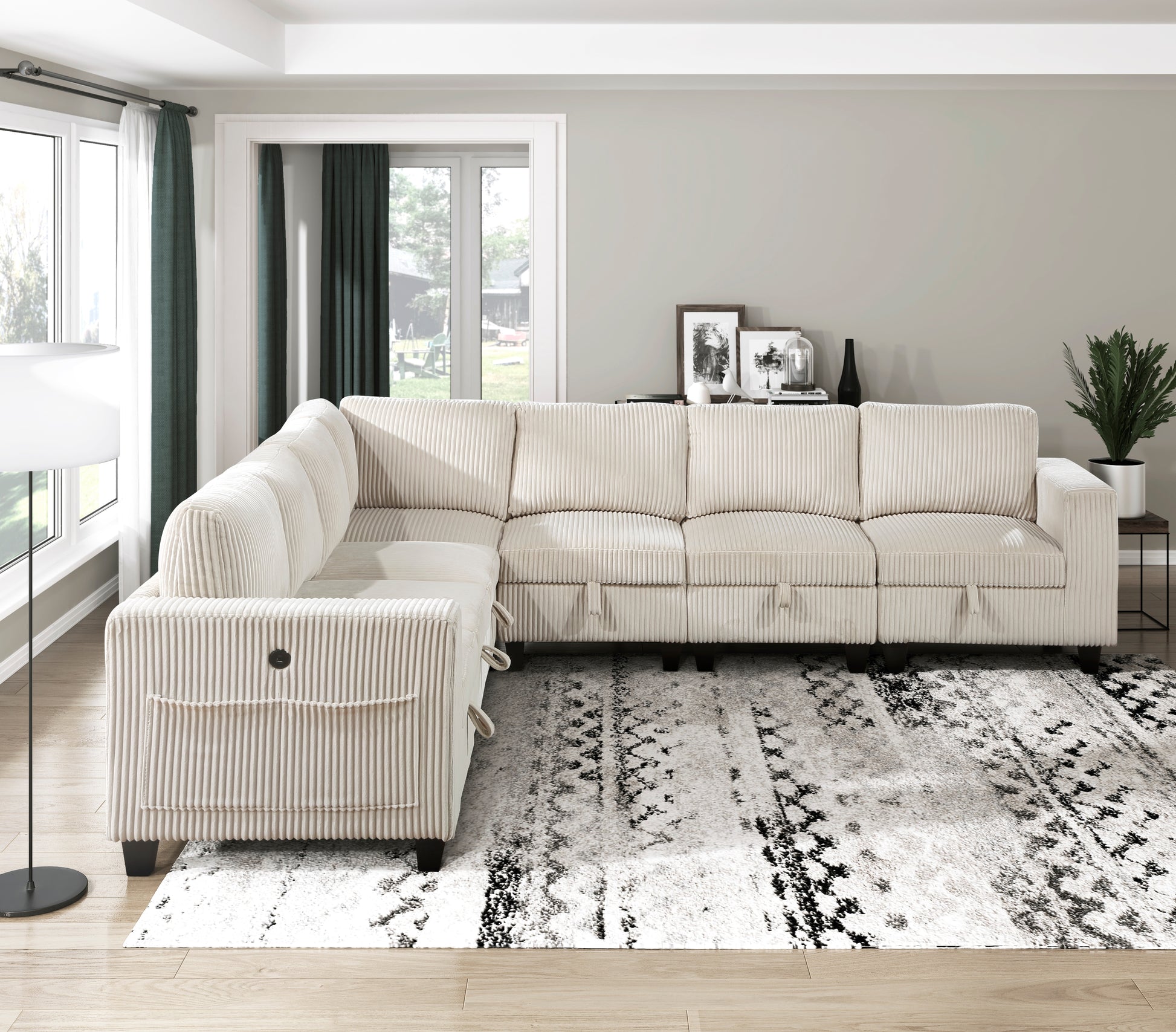 Cream corduroy sectional sofa with storage and pull tabs ideal for living rooms
