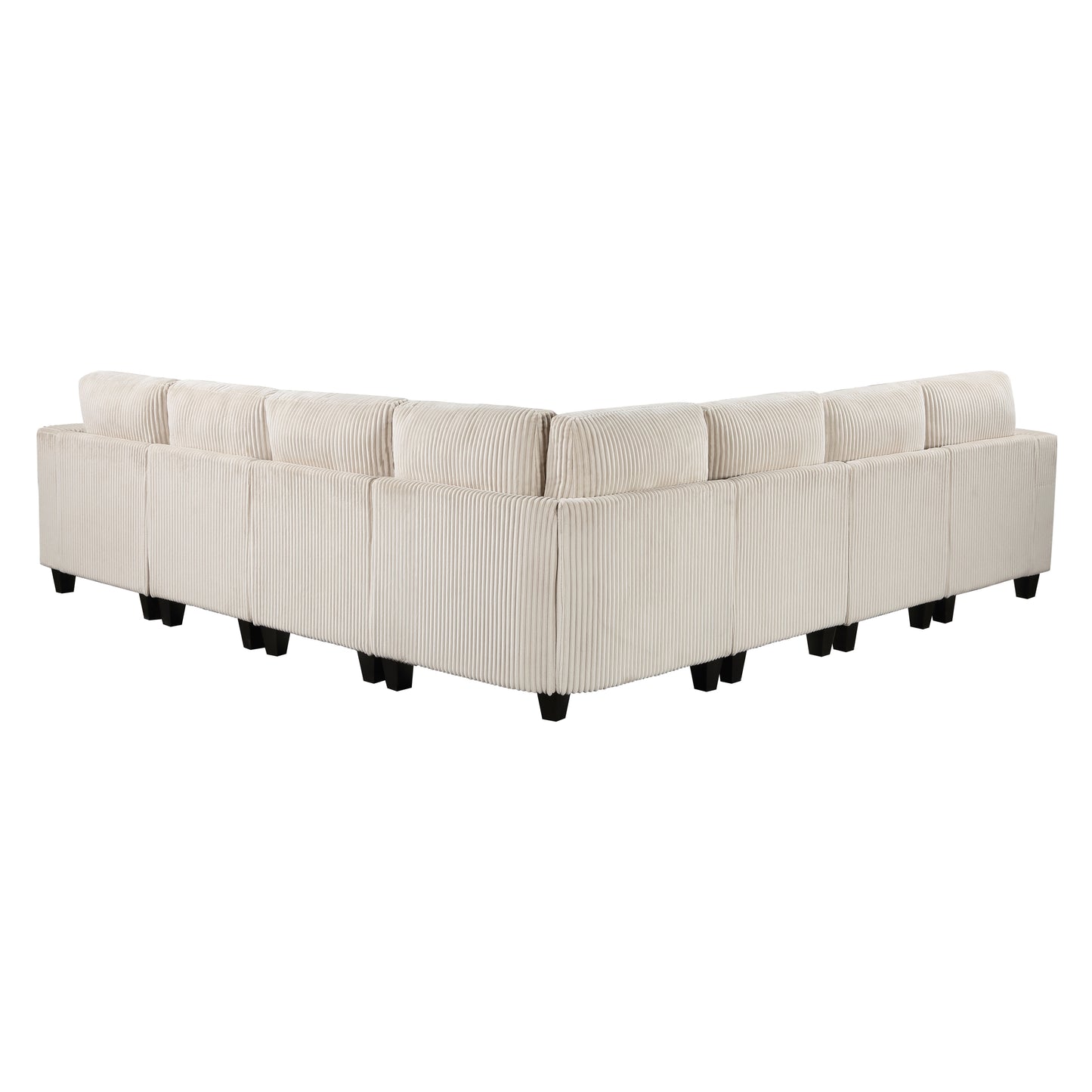 Cream corduroy Lshaped sectional sofa with tufted cushions and black legs