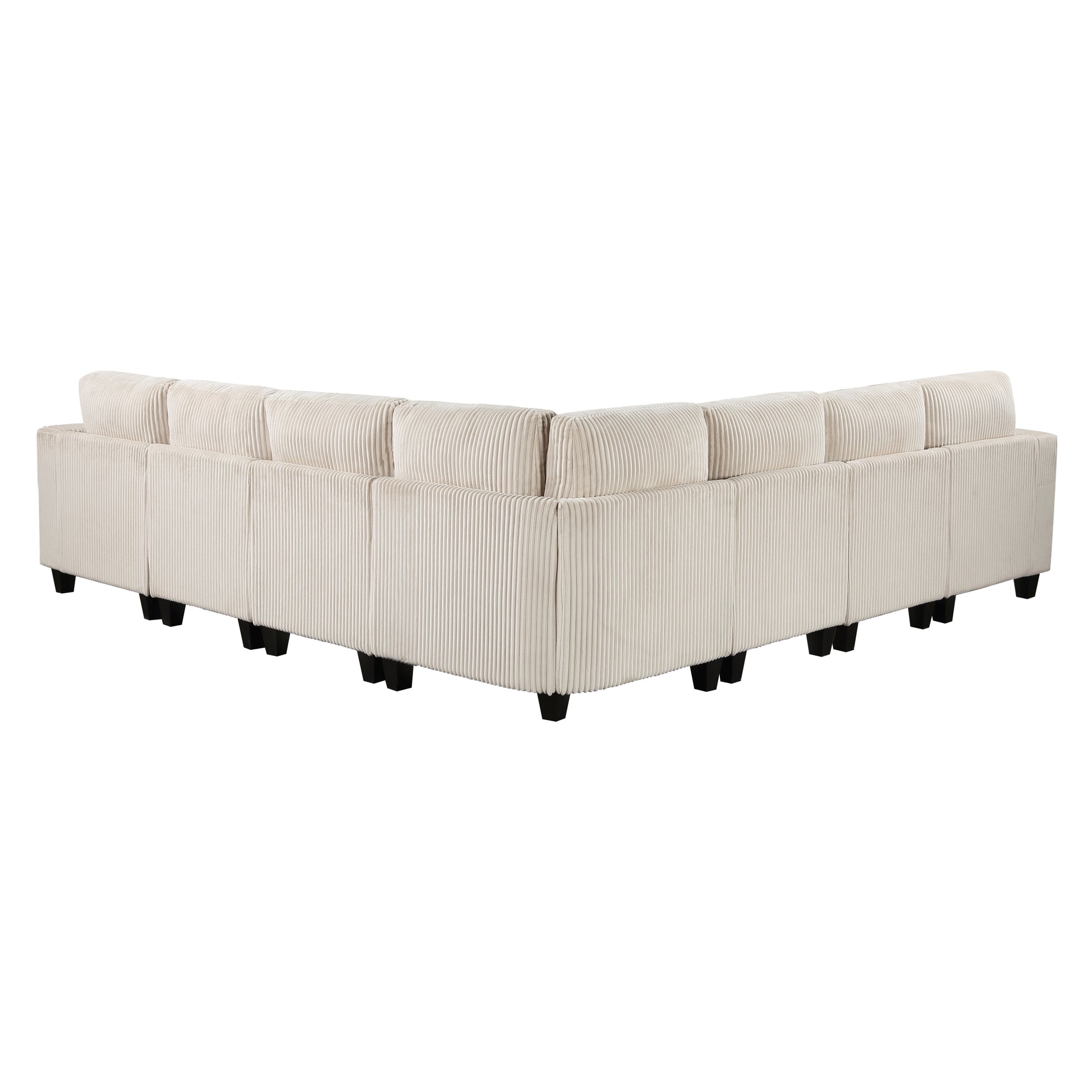 Cream corduroy Lshaped sectional sofa with tufted cushions and black legs