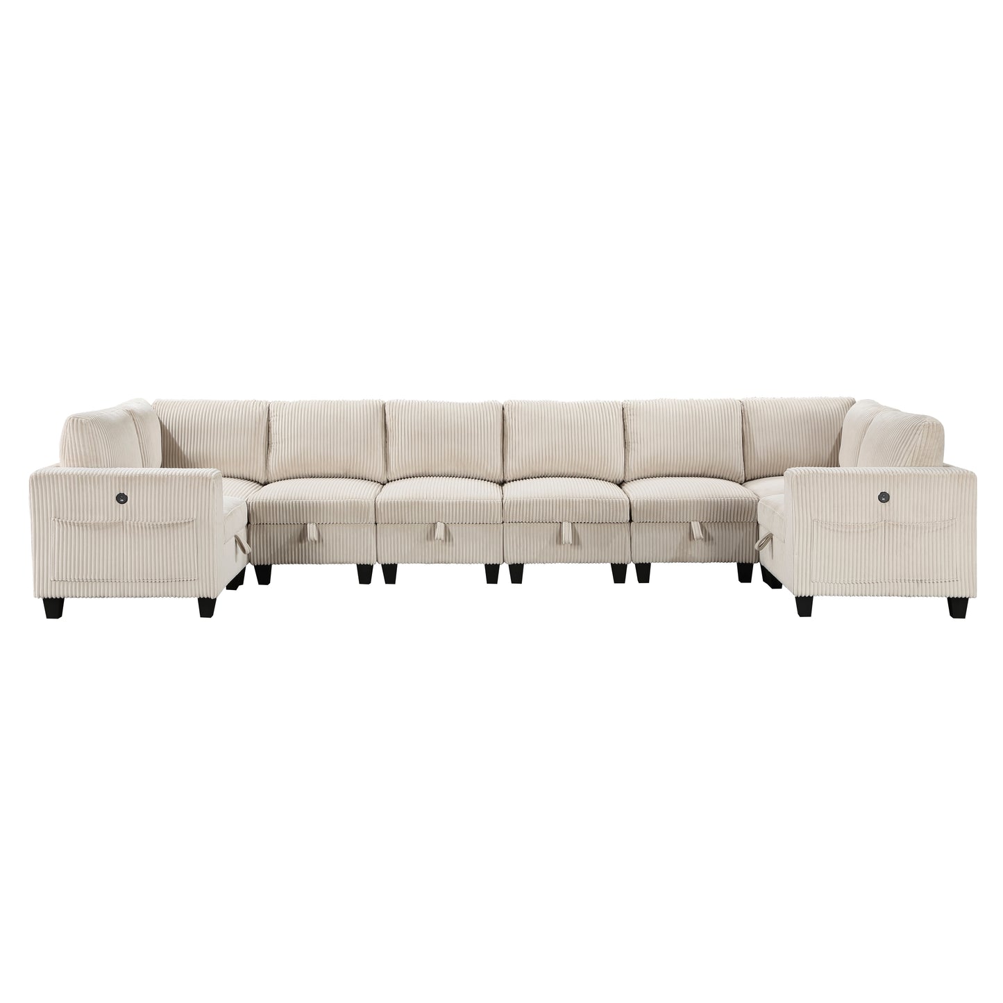 Cream corduroy Ushaped sectional sofa with attached armchairs and hidden storage compartments