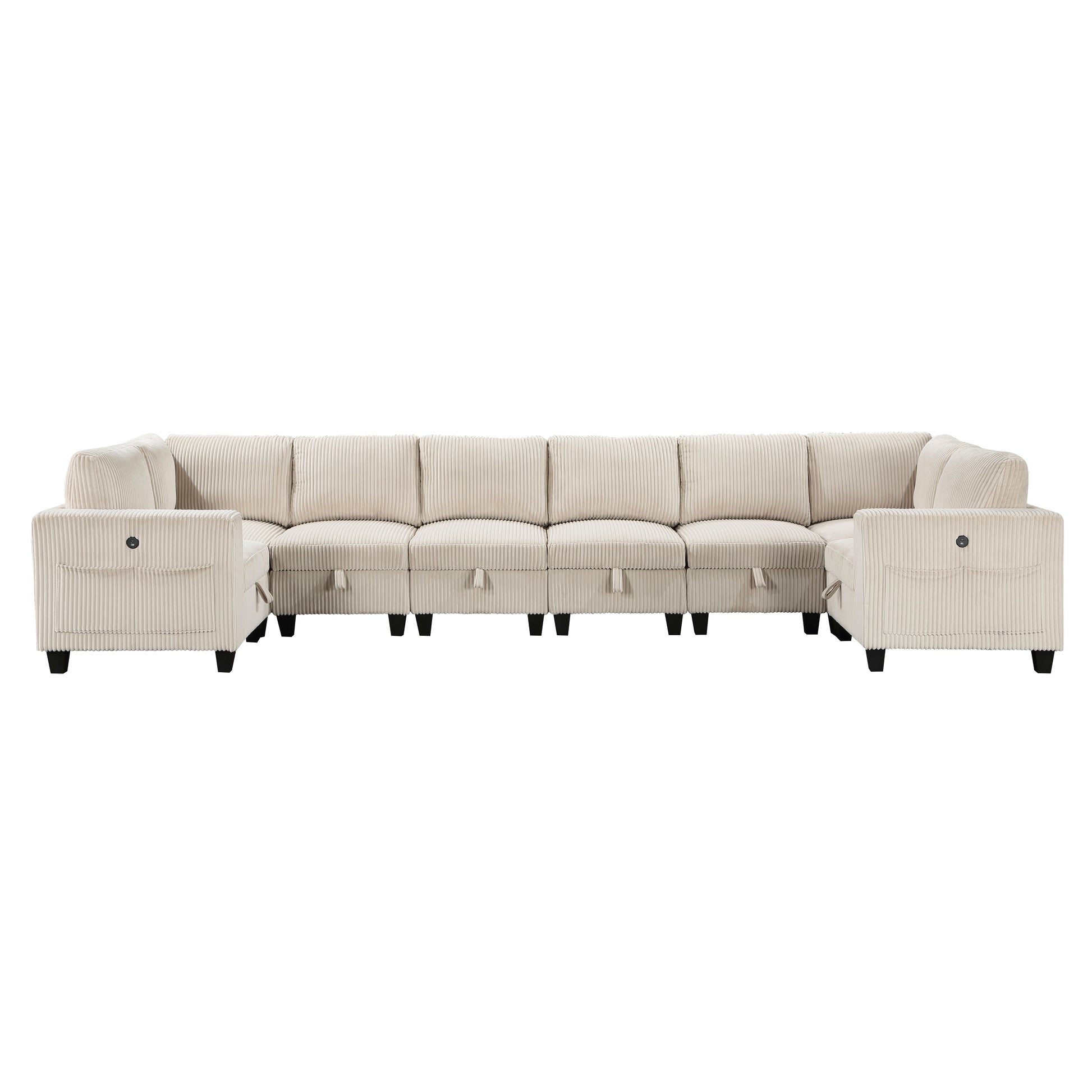 Cream corduroy Ushaped sectional sofa with attached armchairs and hidden storage compartments