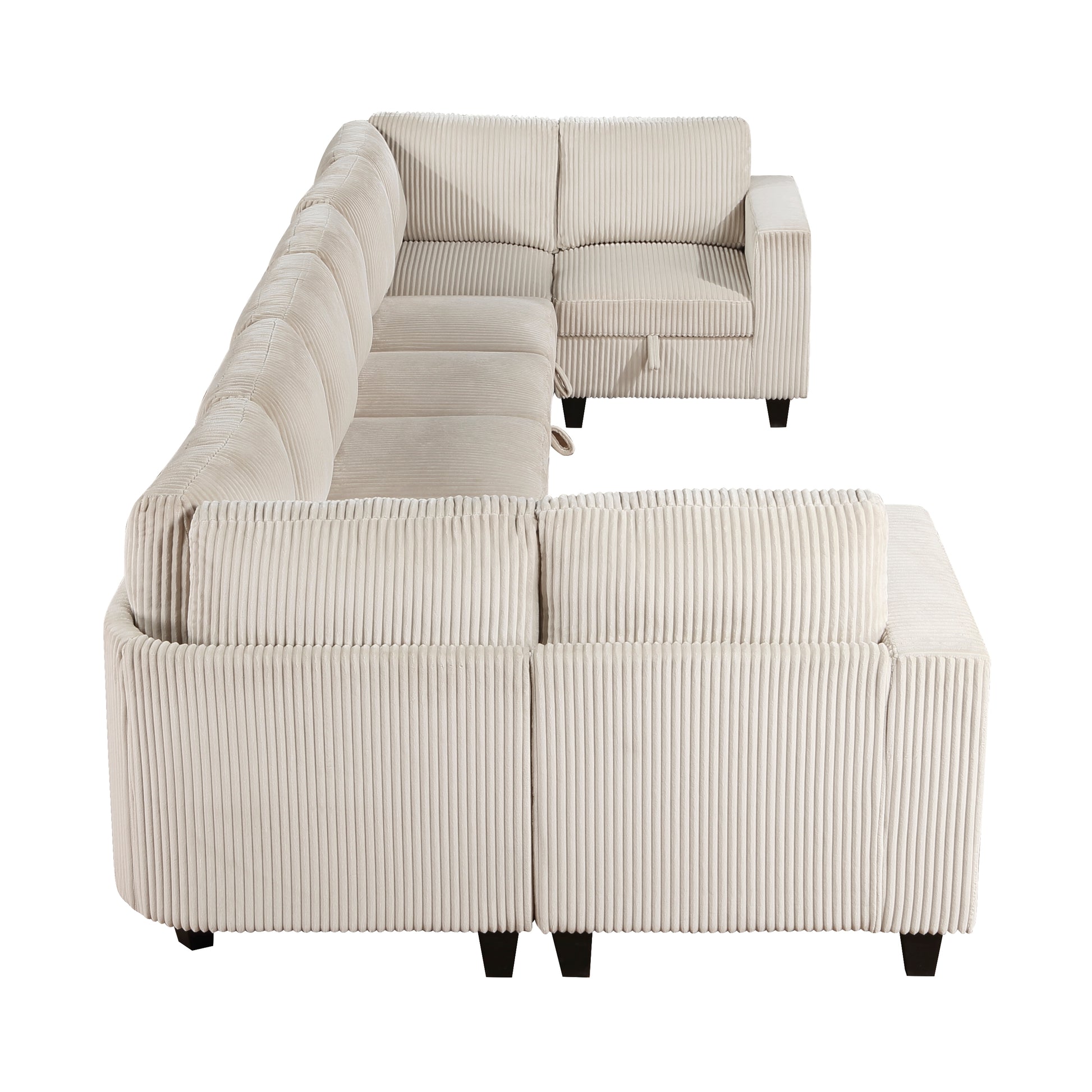 Plush cream corduroy sectional sofa with modern black legs ideal for living rooms