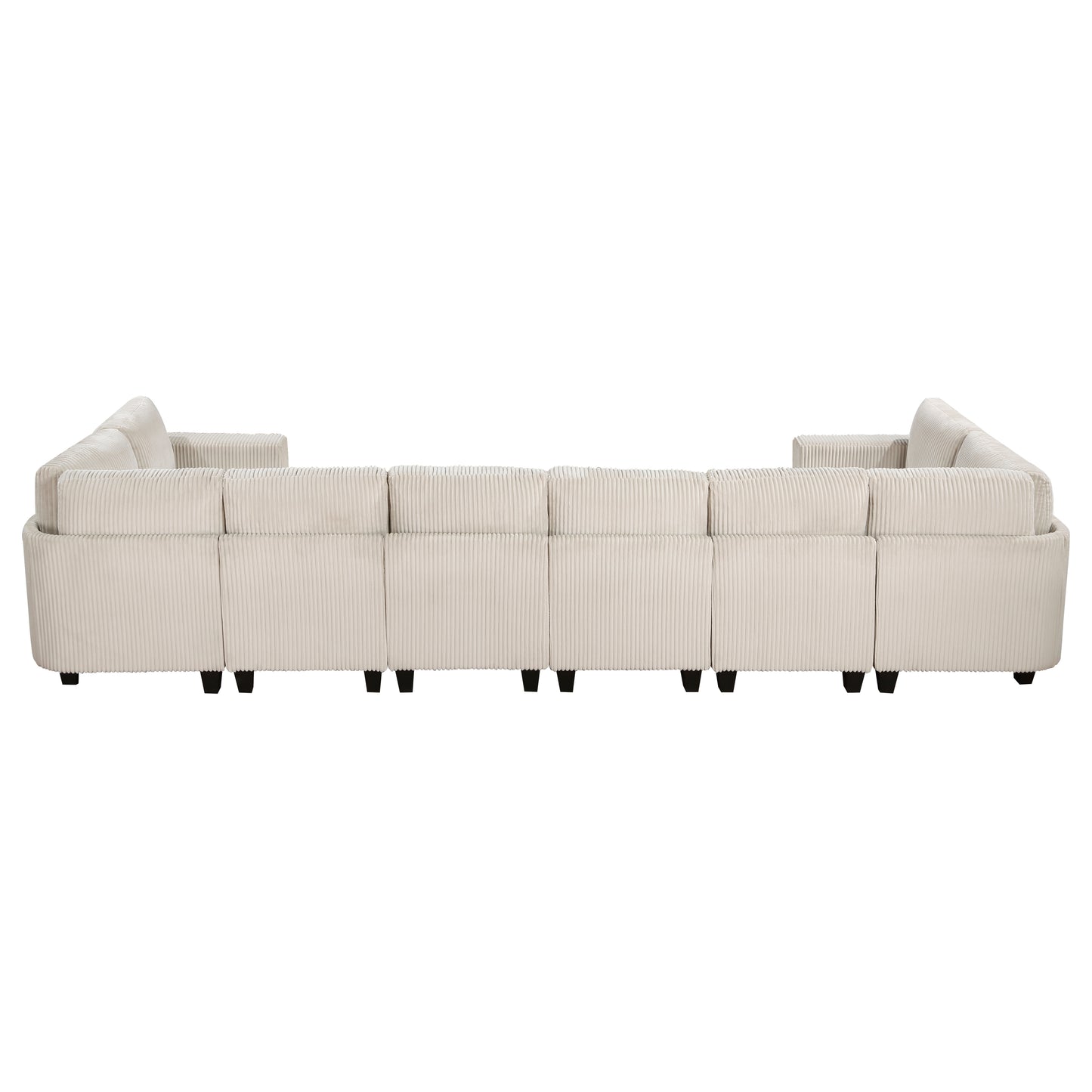Cream corduroy sectional sofa with plush cushions and dark wooden legs  inches wide