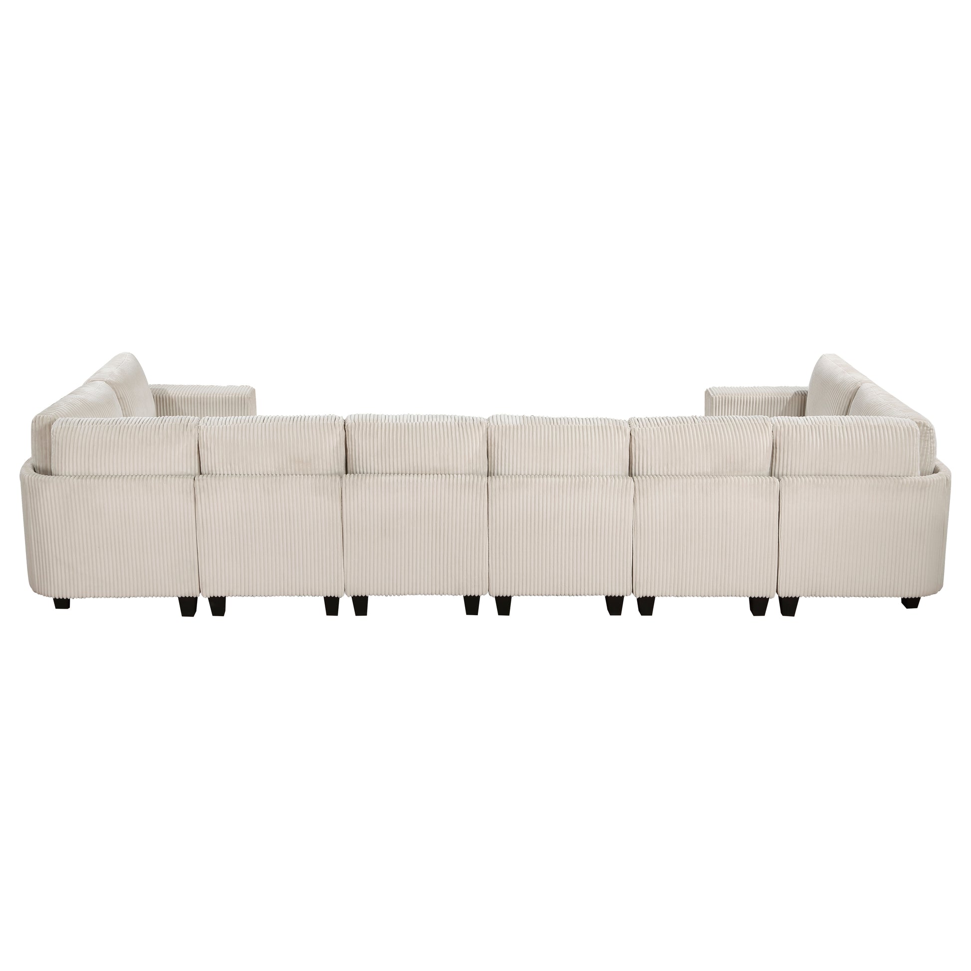 Cream corduroy sectional sofa with plush cushions and dark wooden legs  inches wide