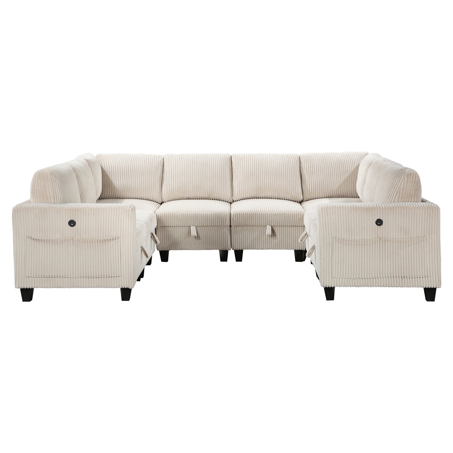 Cream corduroy sectional sofa with plush cushions and storage compartments perfect for living rooms