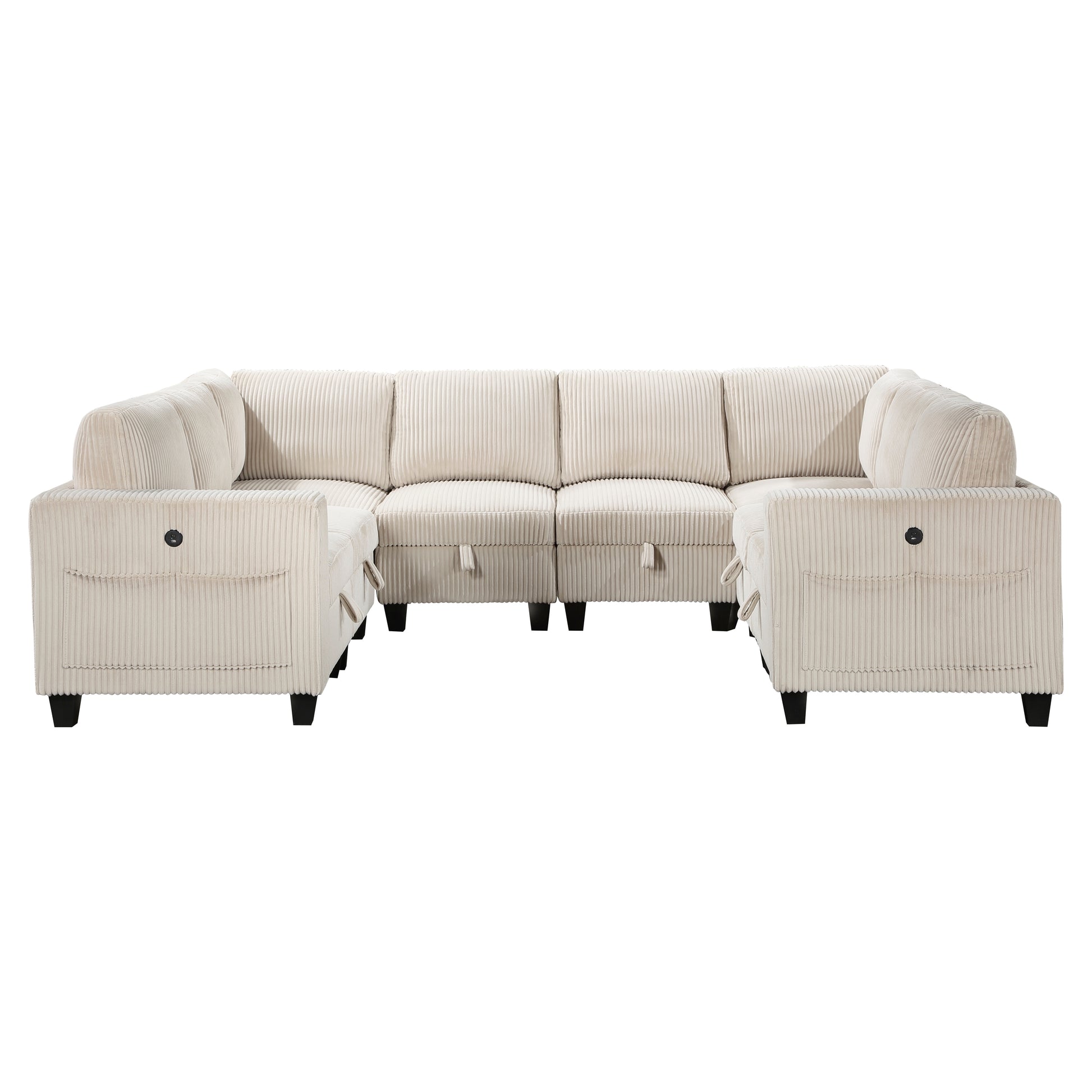 Cream corduroy sectional sofa with plush cushions and storage compartments perfect for living rooms
