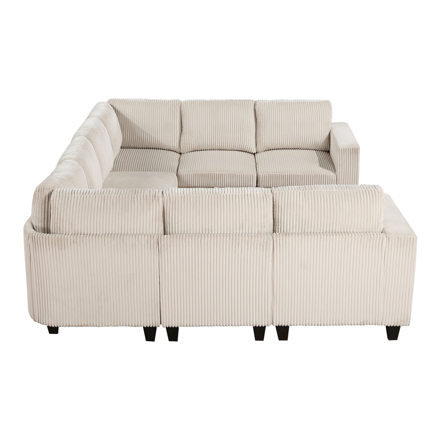 Beige corduroy sectional sofa with plush cushions and sturdy dark legs