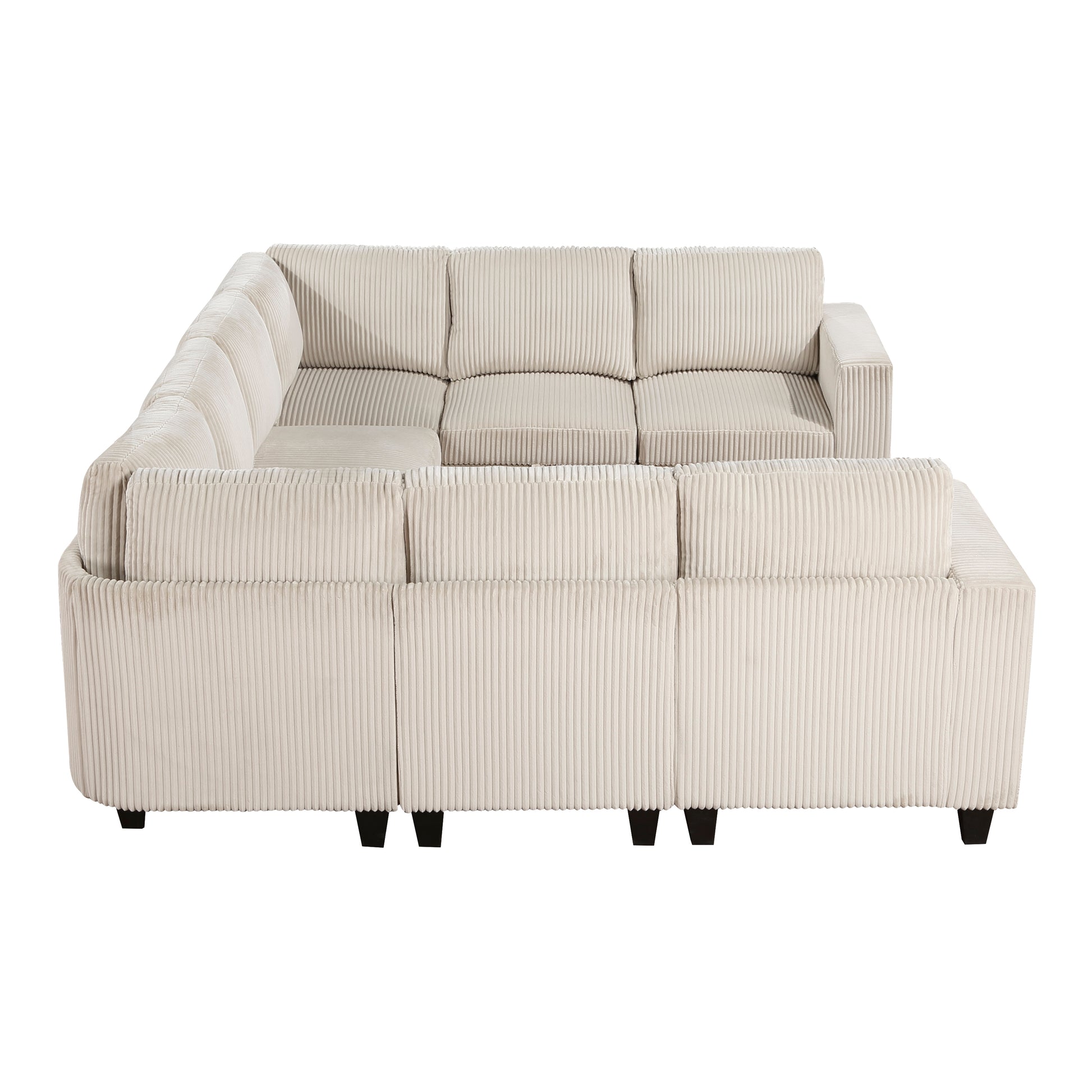 Beige corduroy sectional sofa with plush cushions and sturdy dark legs