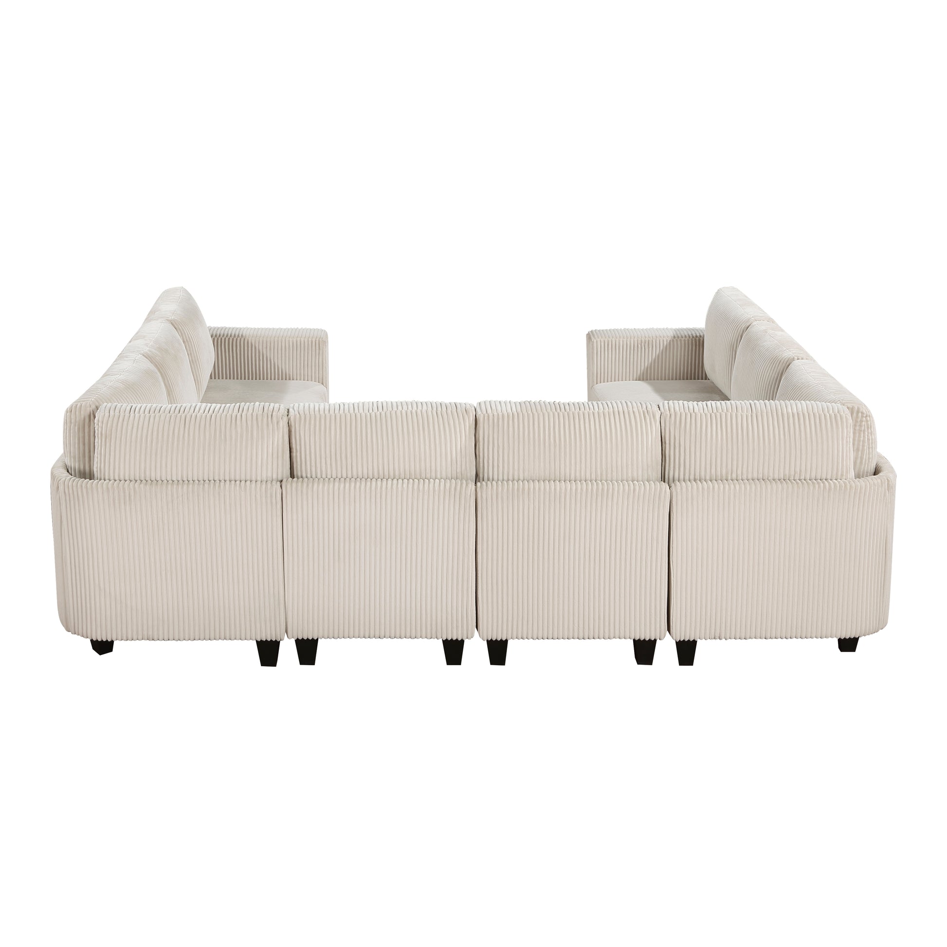 Cream corduroy sectional sofa with plush cushions and tufted backrests ideal for large living spaces
