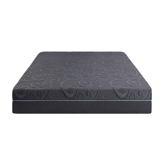 Charcoal grey queen mattress with decorative swirl pattern and light blue trim