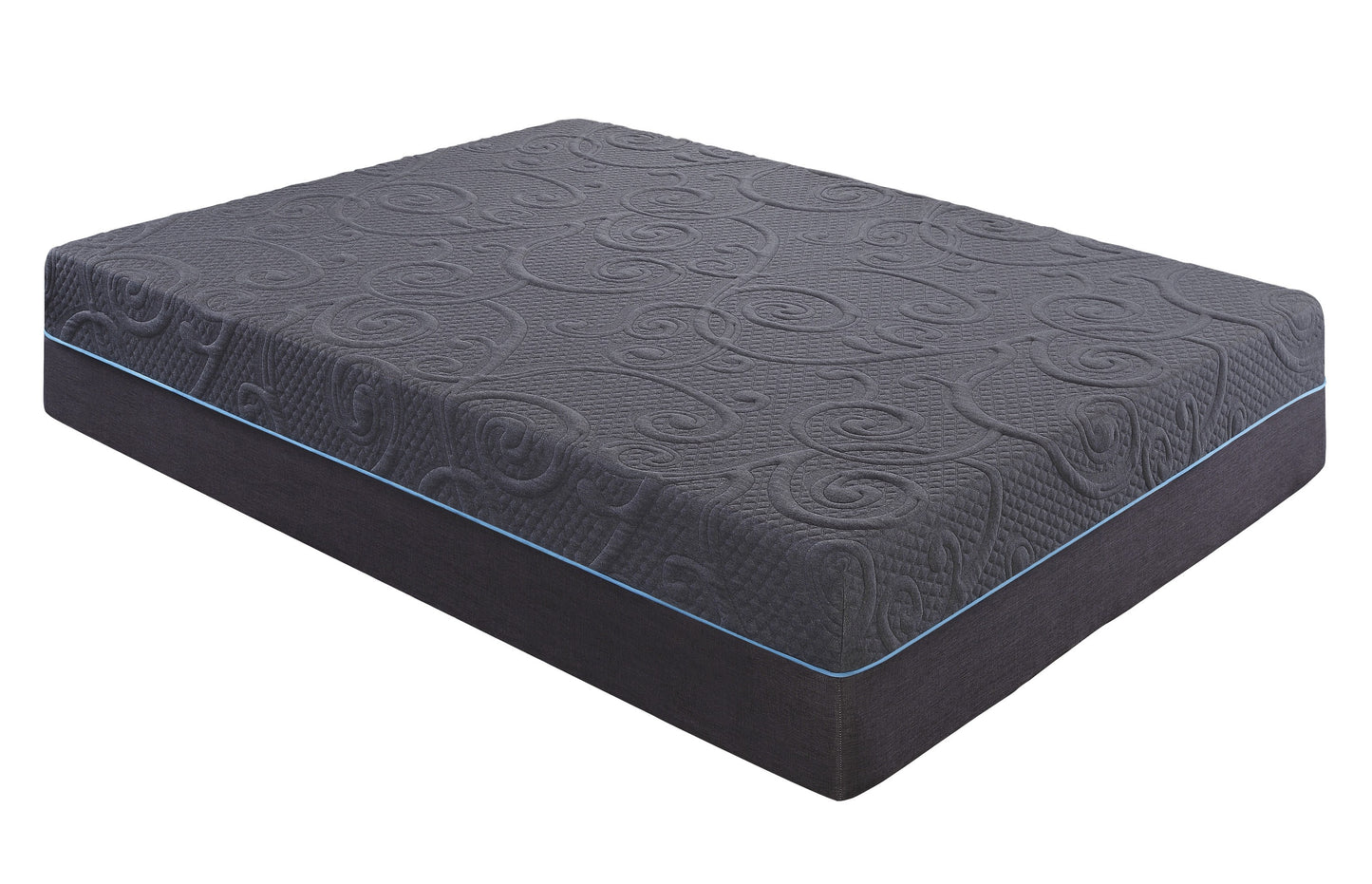 Charcoal grey quilted mattress with subtle swirl pattern and blue trim king size