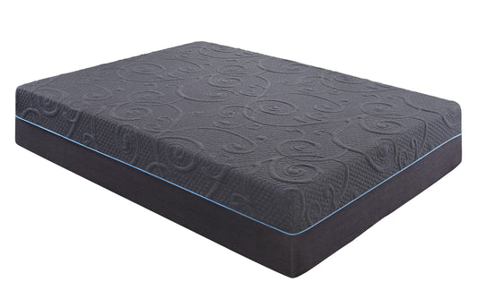 Charcoal grey quilted mattress with subtle swirl pattern and blue trim king size