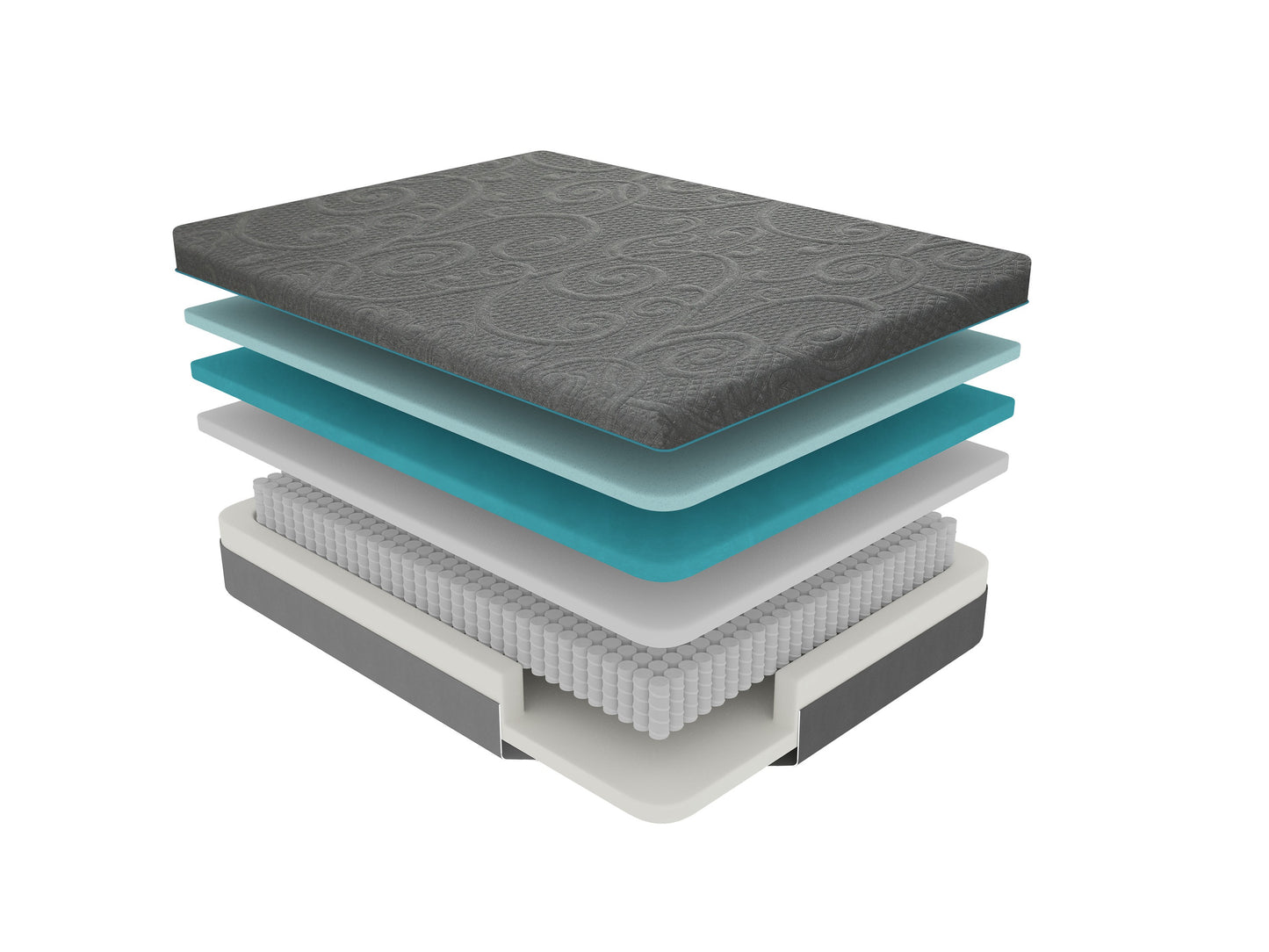 Exploded view of a layered mattress with pocket coils and foam gray patterned top