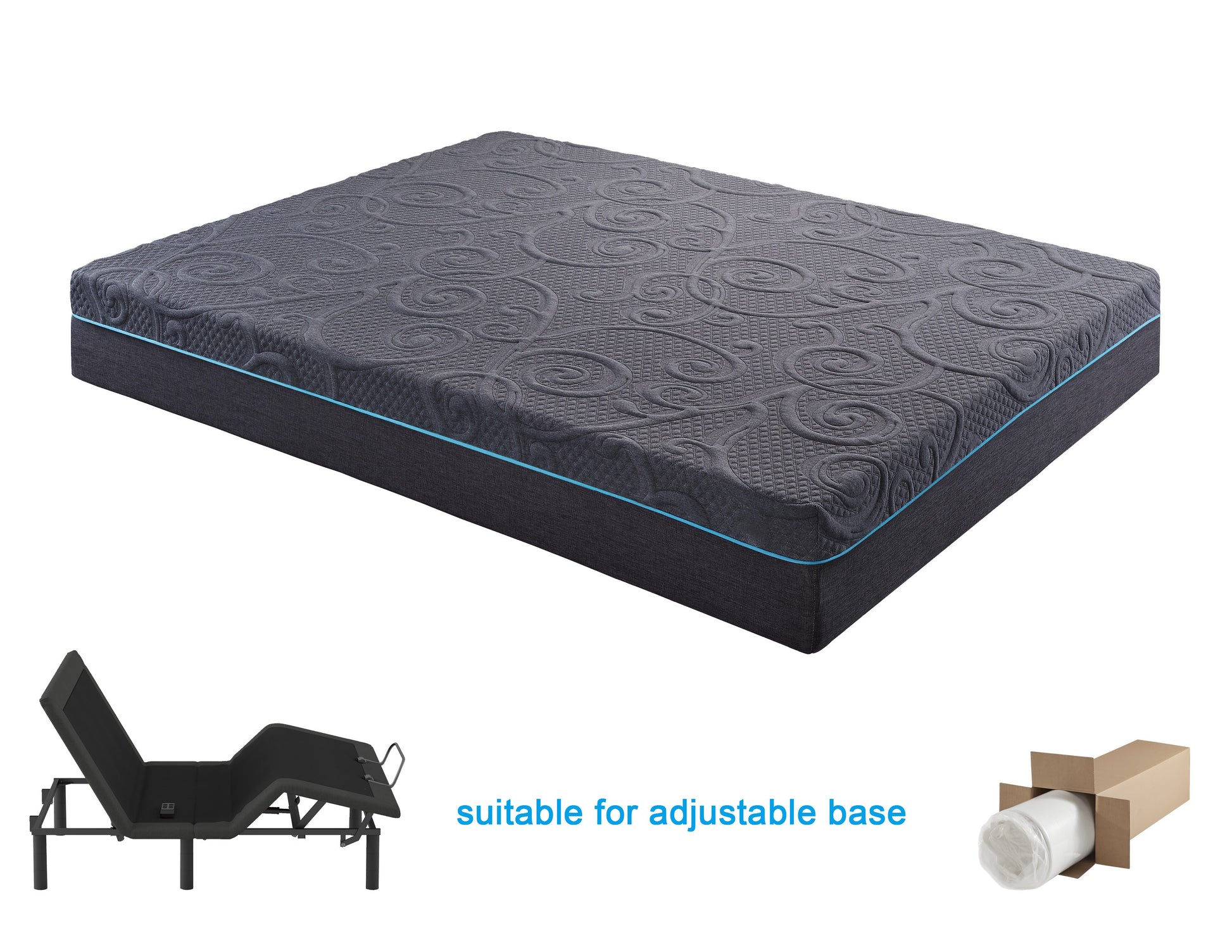 Charcoal gray mattress with embossed swirl pattern and blue trim detail suitable for adjustable bases