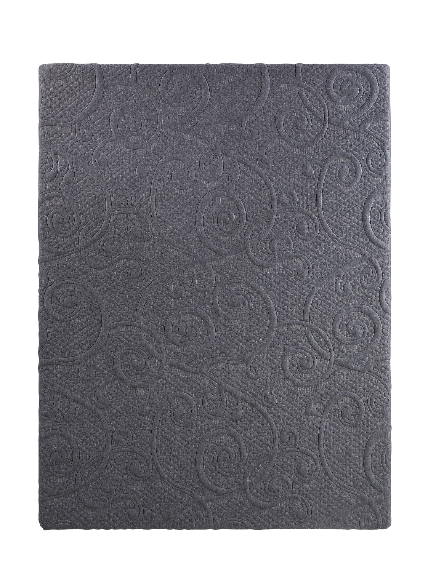 Dark grey upholstered headboard with intricate damask pattern