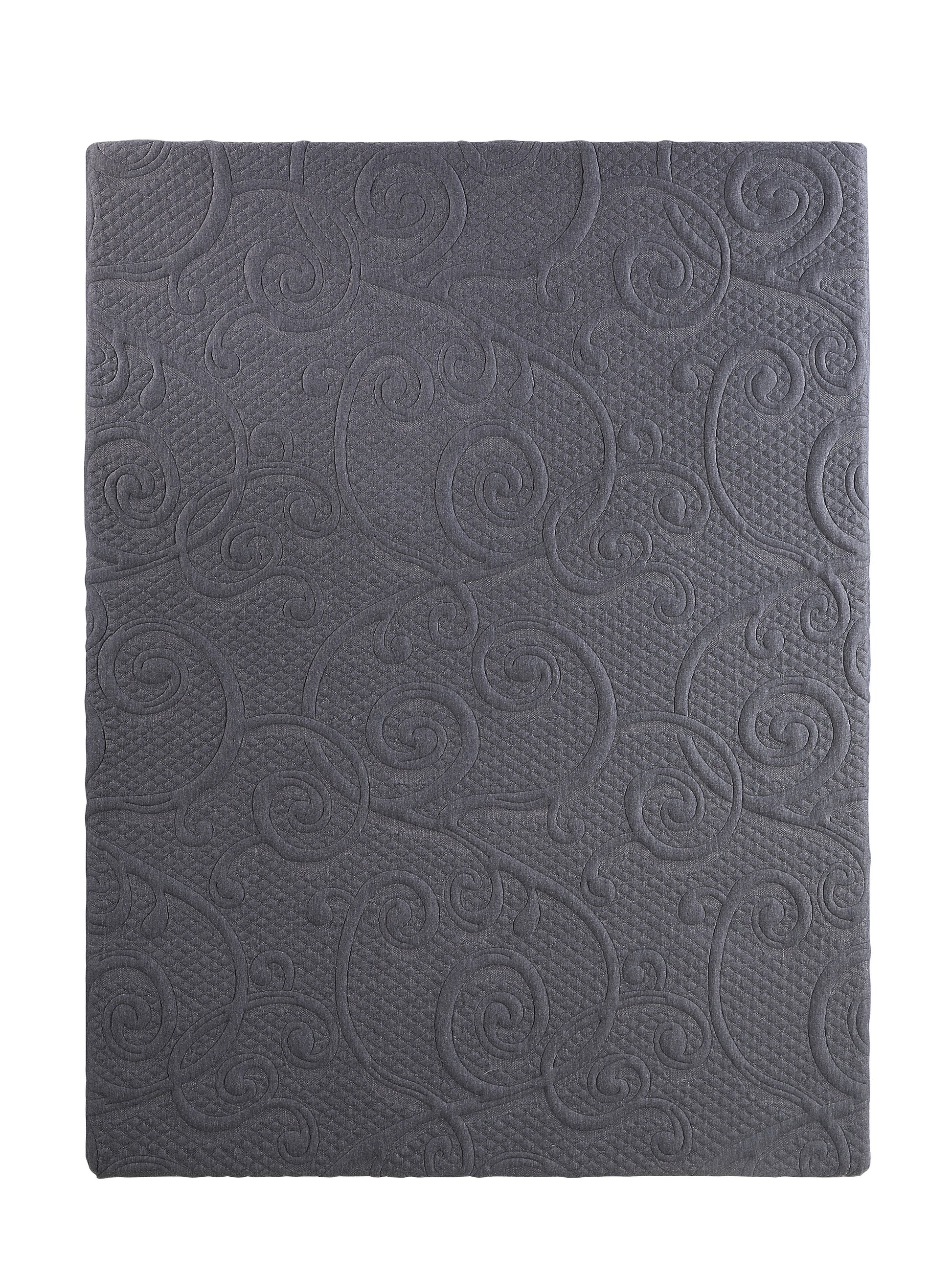 Dark grey upholstered headboard with intricate damask pattern