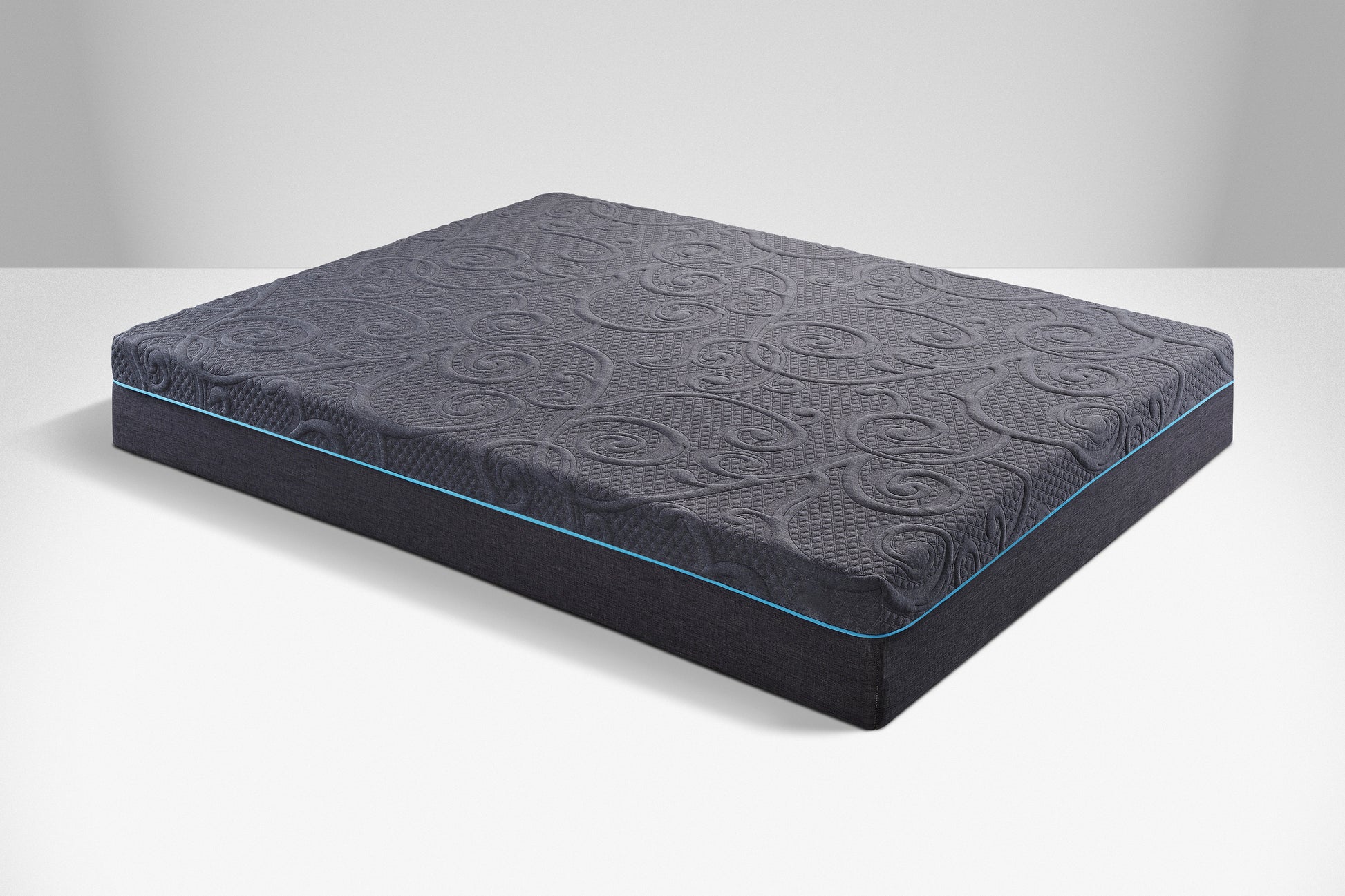 Dark grey memory foam mattress with a swirling pattern and blue trim