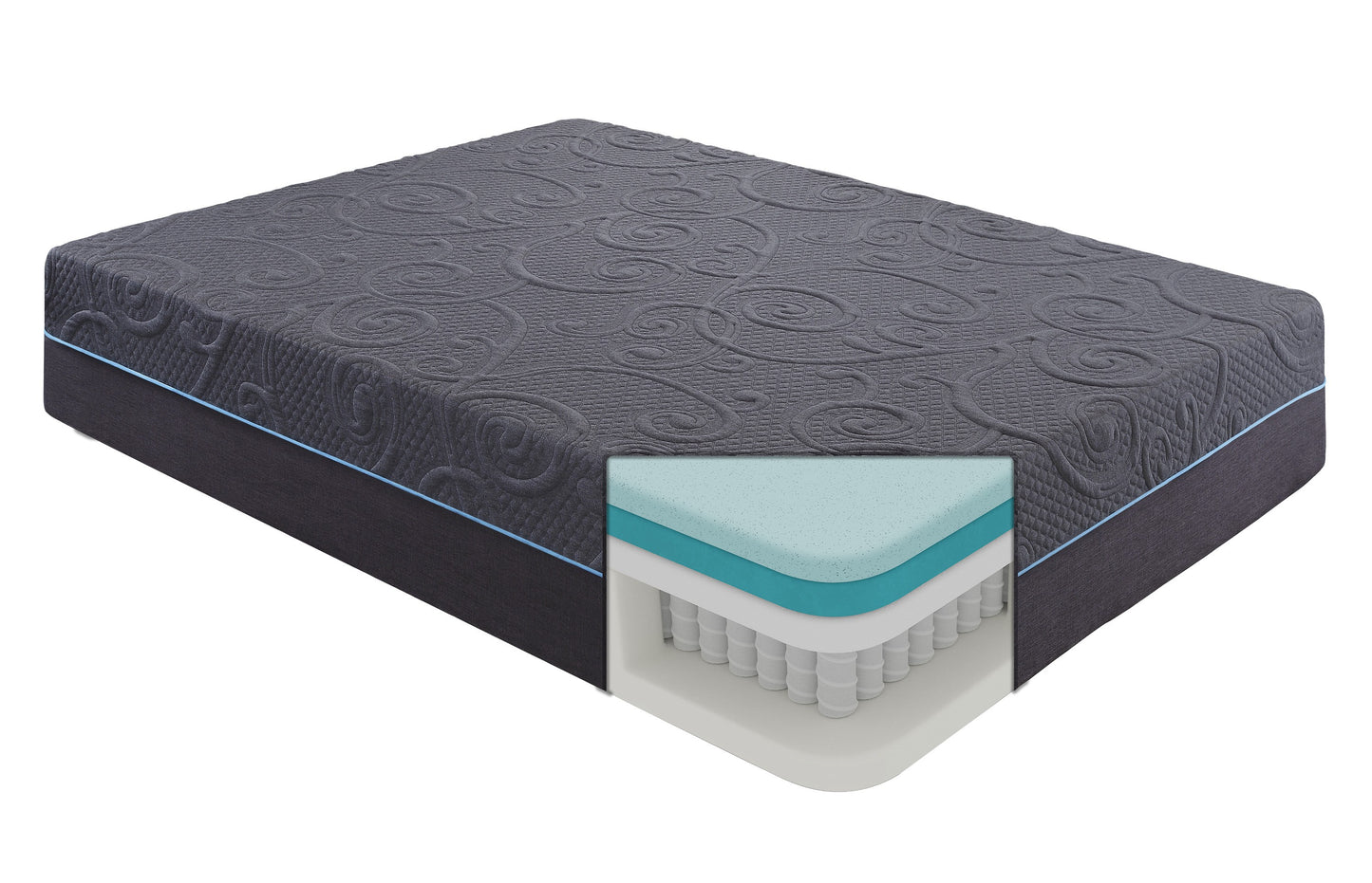 Cutaway view of a dark gray quilted mattress with plush top layers and inner springs for comfort