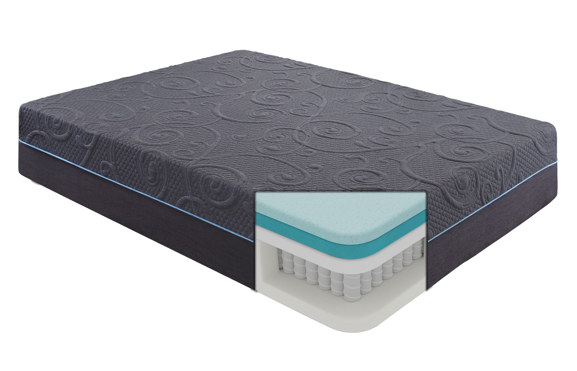 Cutaway view of a dark gray quilted mattress with plush top layers and inner springs for comfort