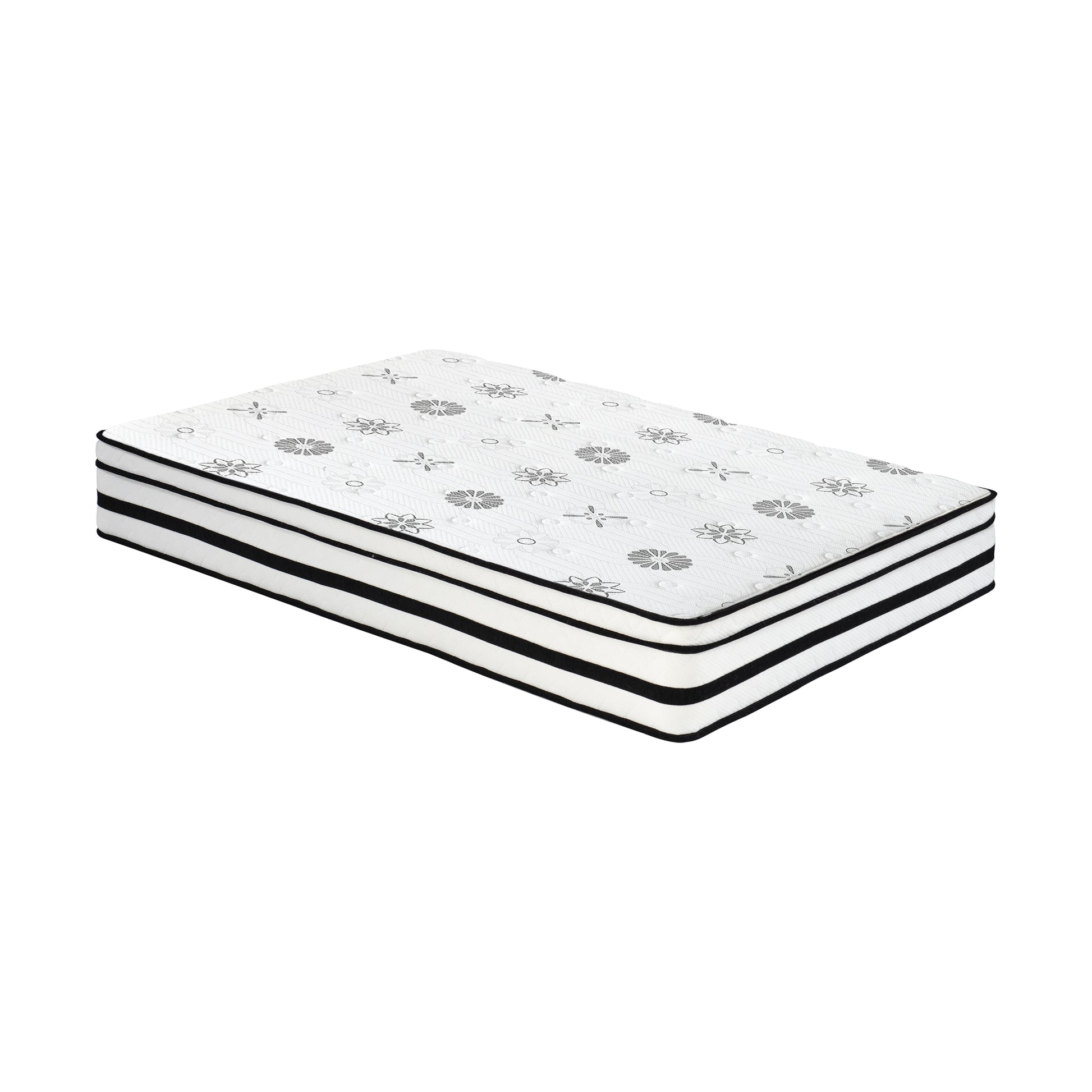 White twin mattress with grey floral pattern and black trim