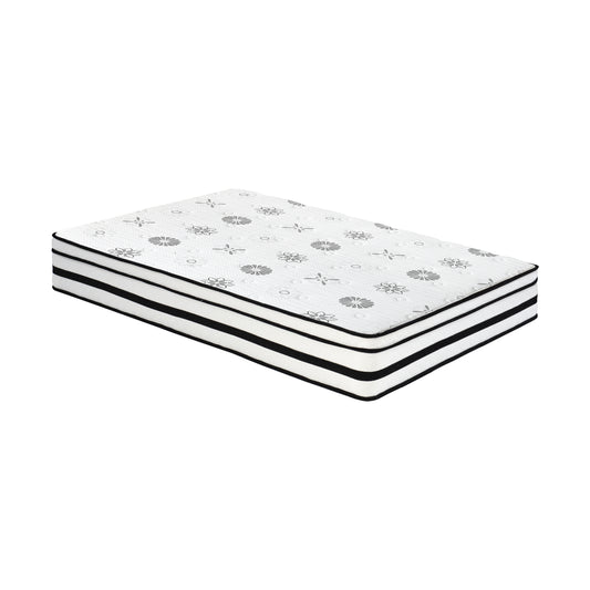 White twin mattress with grey floral pattern and black trim