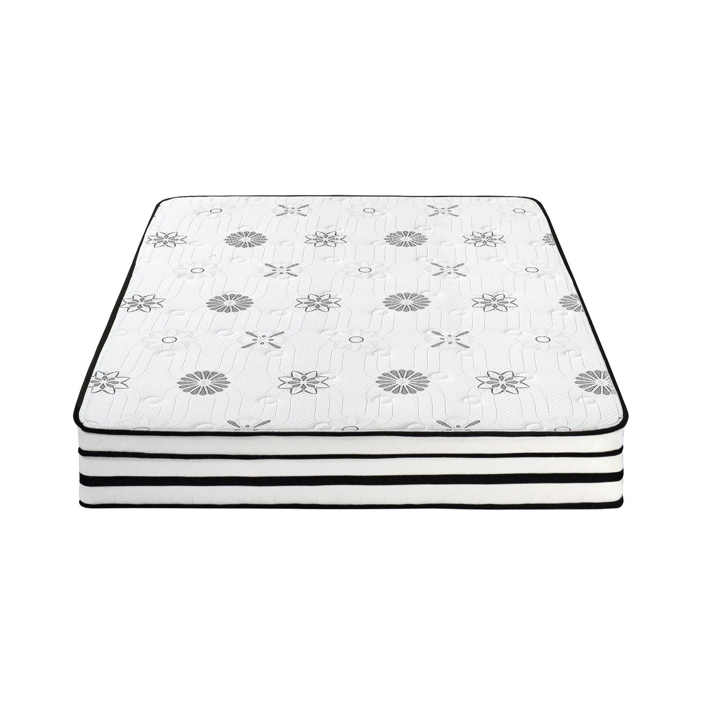 White mattress with floral pattern and black trim for comfortable sleep