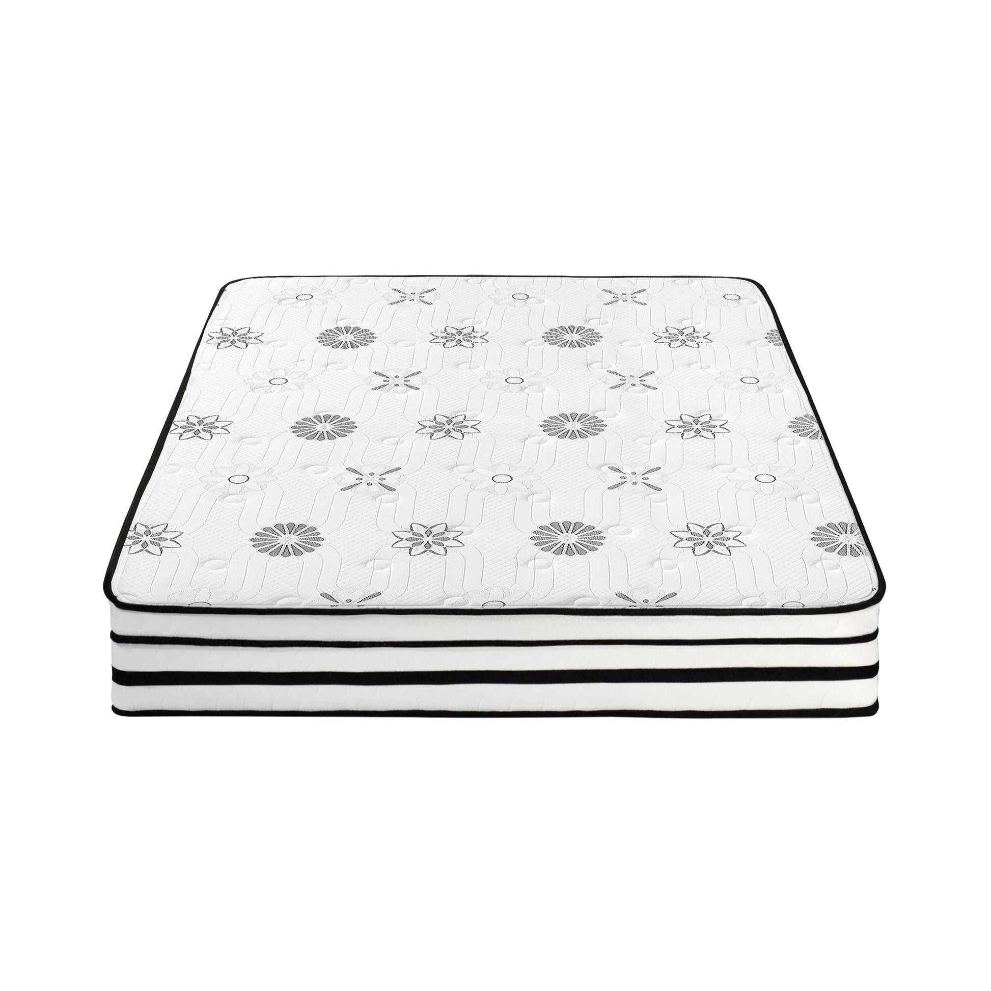 White mattress with floral pattern and black trim for comfortable sleep