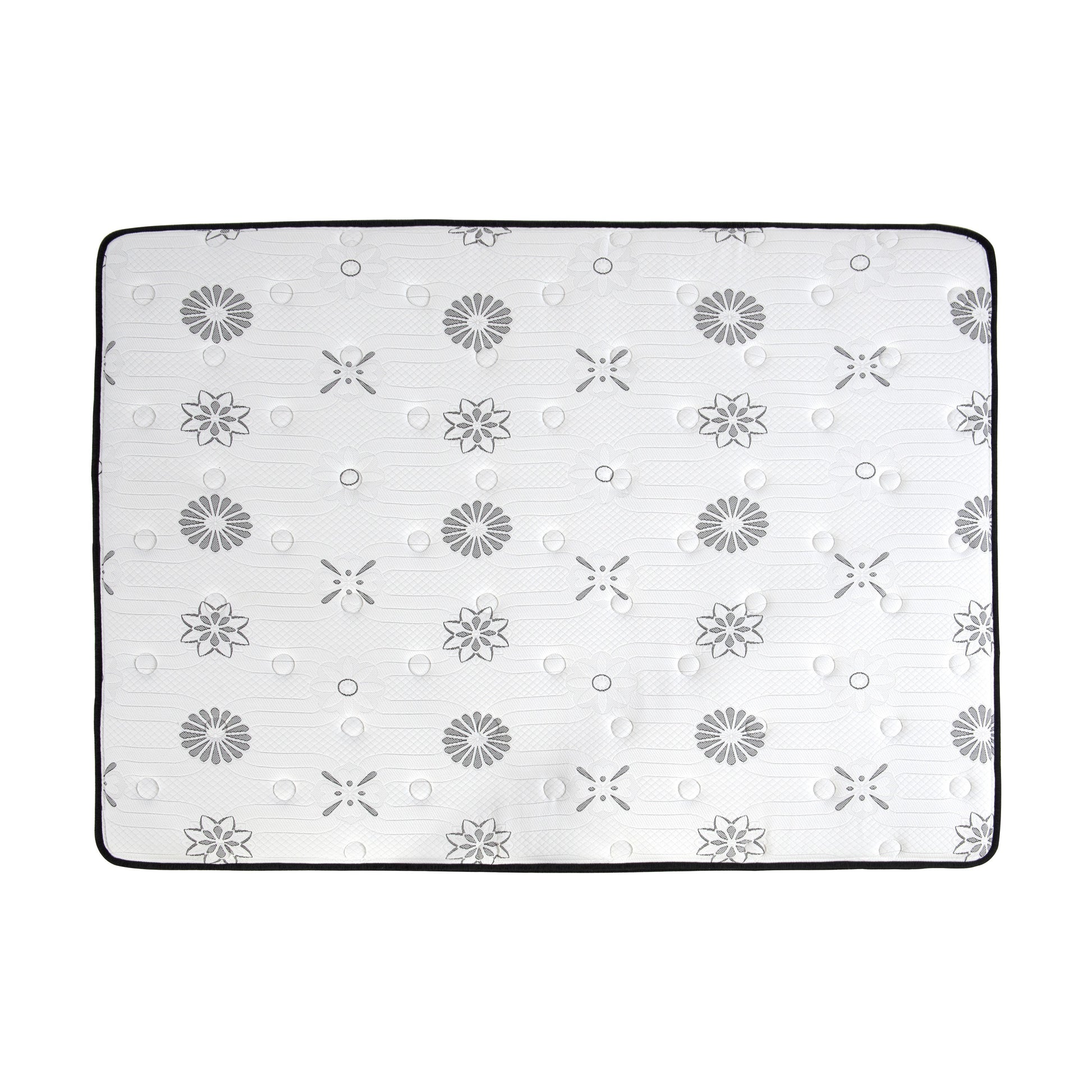 White quilted mattress with repeating floral gray pattern and tufting
