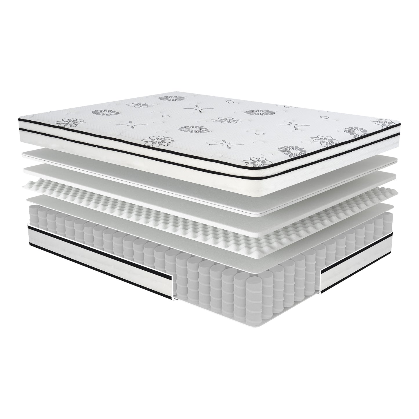 Exploded view of a white hybrid mattress showcasing pocket coils foam layers and a floralpatterned top