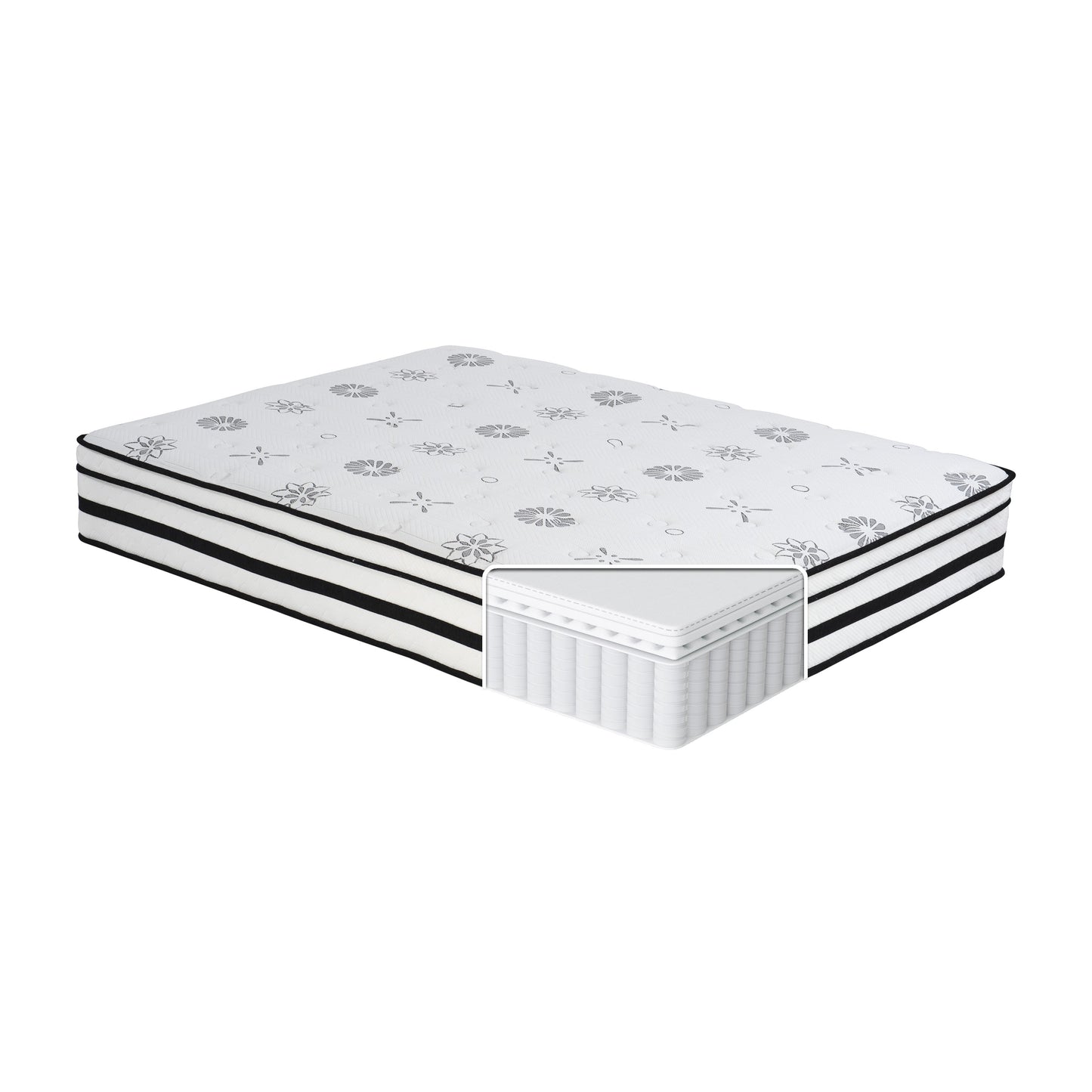 White queen mattress with black trim and floral pattern showing internal spring construction