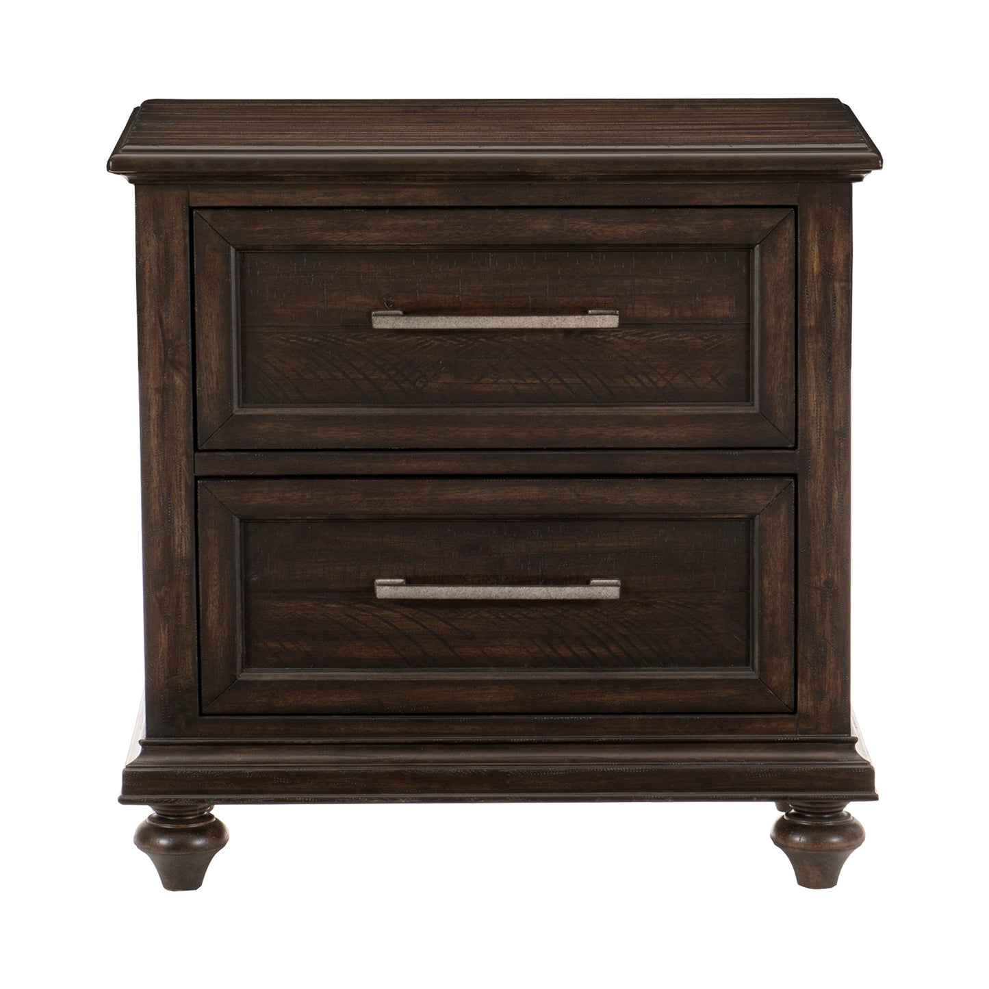 Dark wood twodrawer nightstand with ornate carved details and brushed nickel hardware