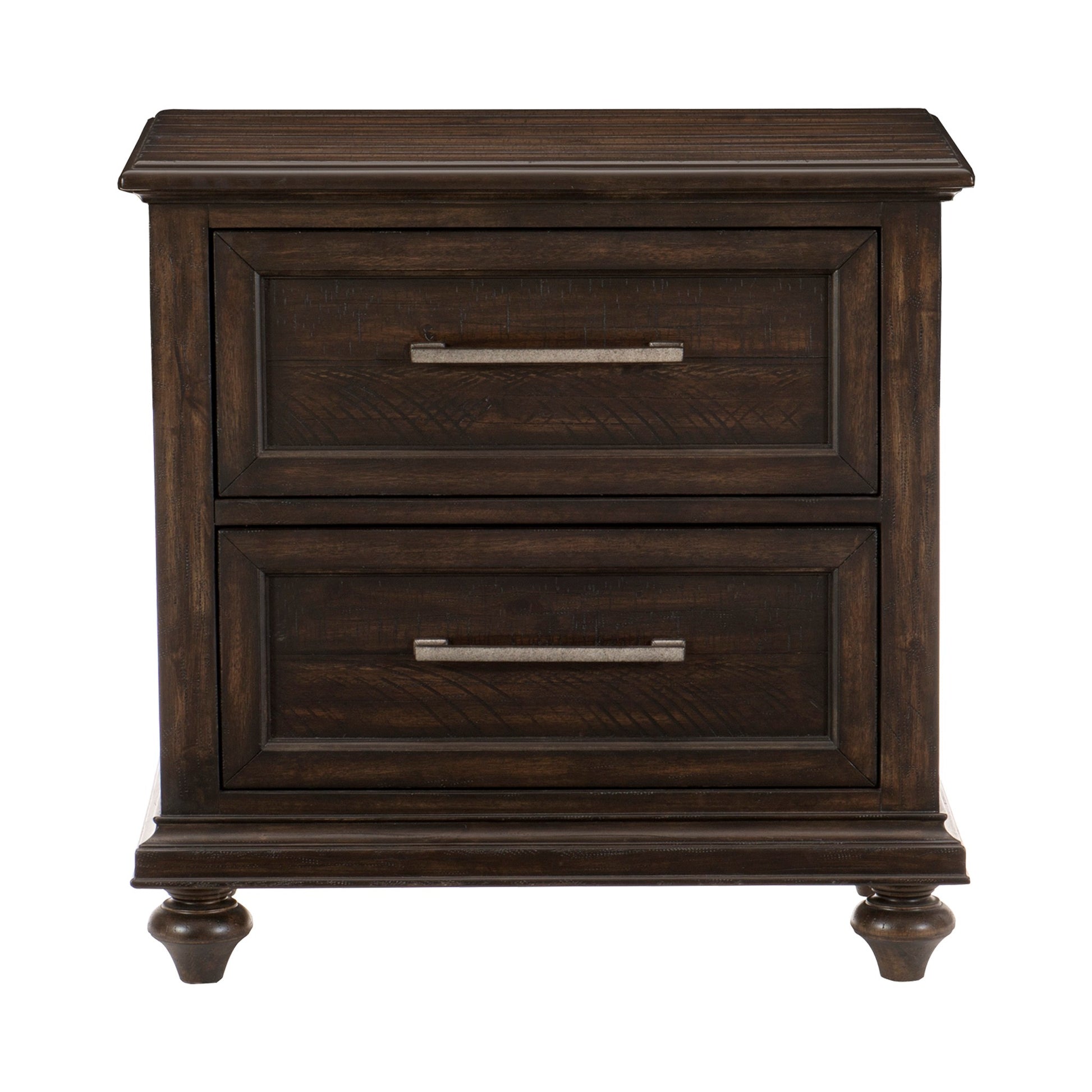 Dark wood twodrawer nightstand with ornate carved details and brushed nickel hardware