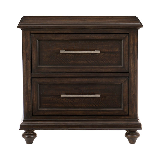 Dark wood twodrawer nightstand with ornate carved details and brushed nickel hardware
