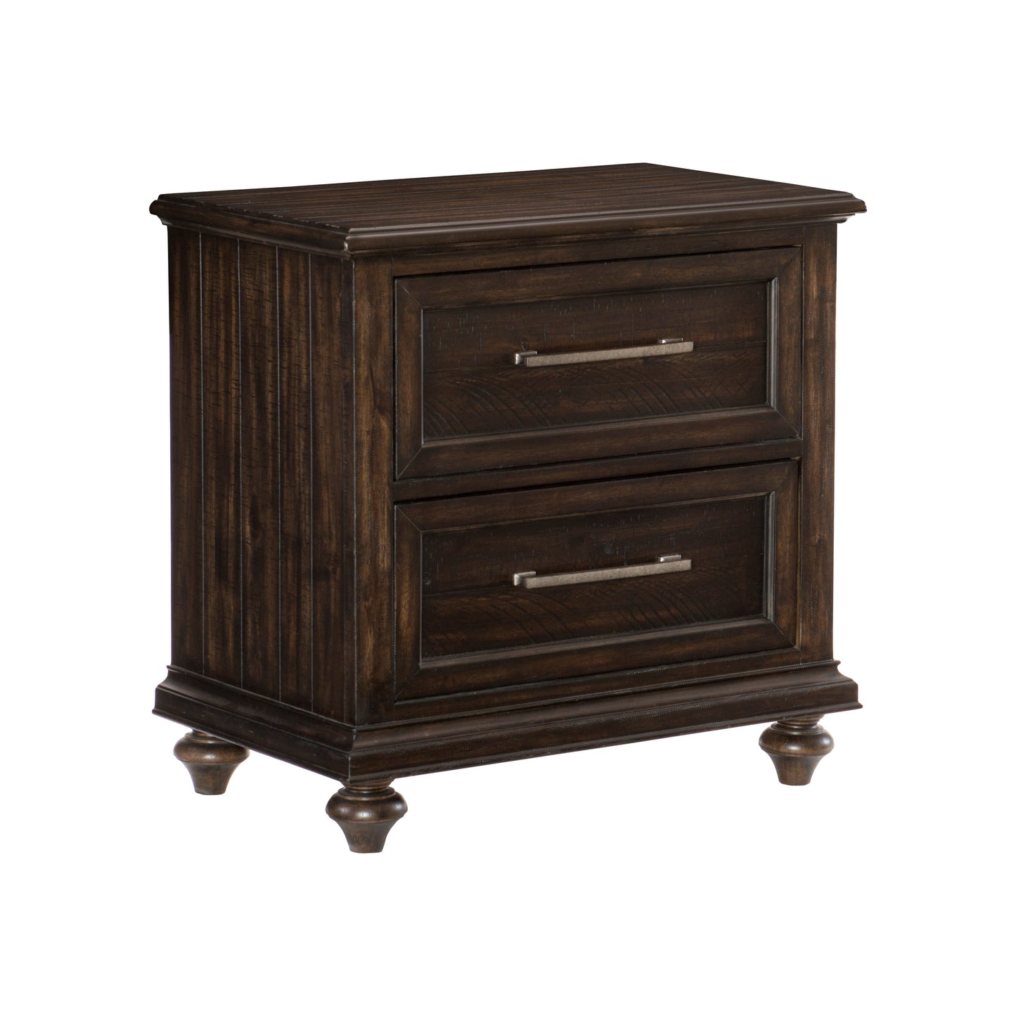 Dark wood twodrawer nightstand with ornate turned legs and brushed nickel hardware
