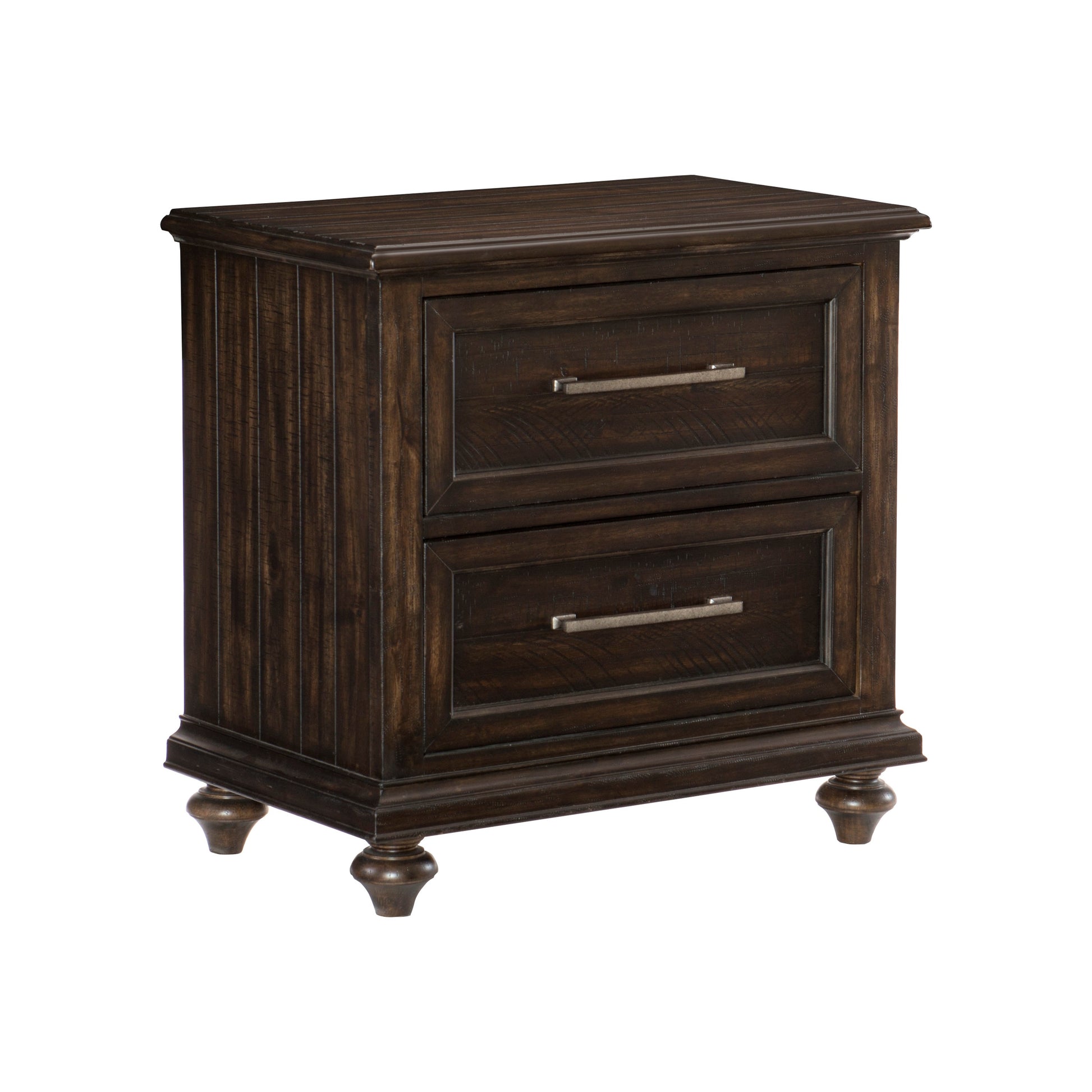 Dark wood twodrawer nightstand with ornate turned legs and brushed nickel hardware