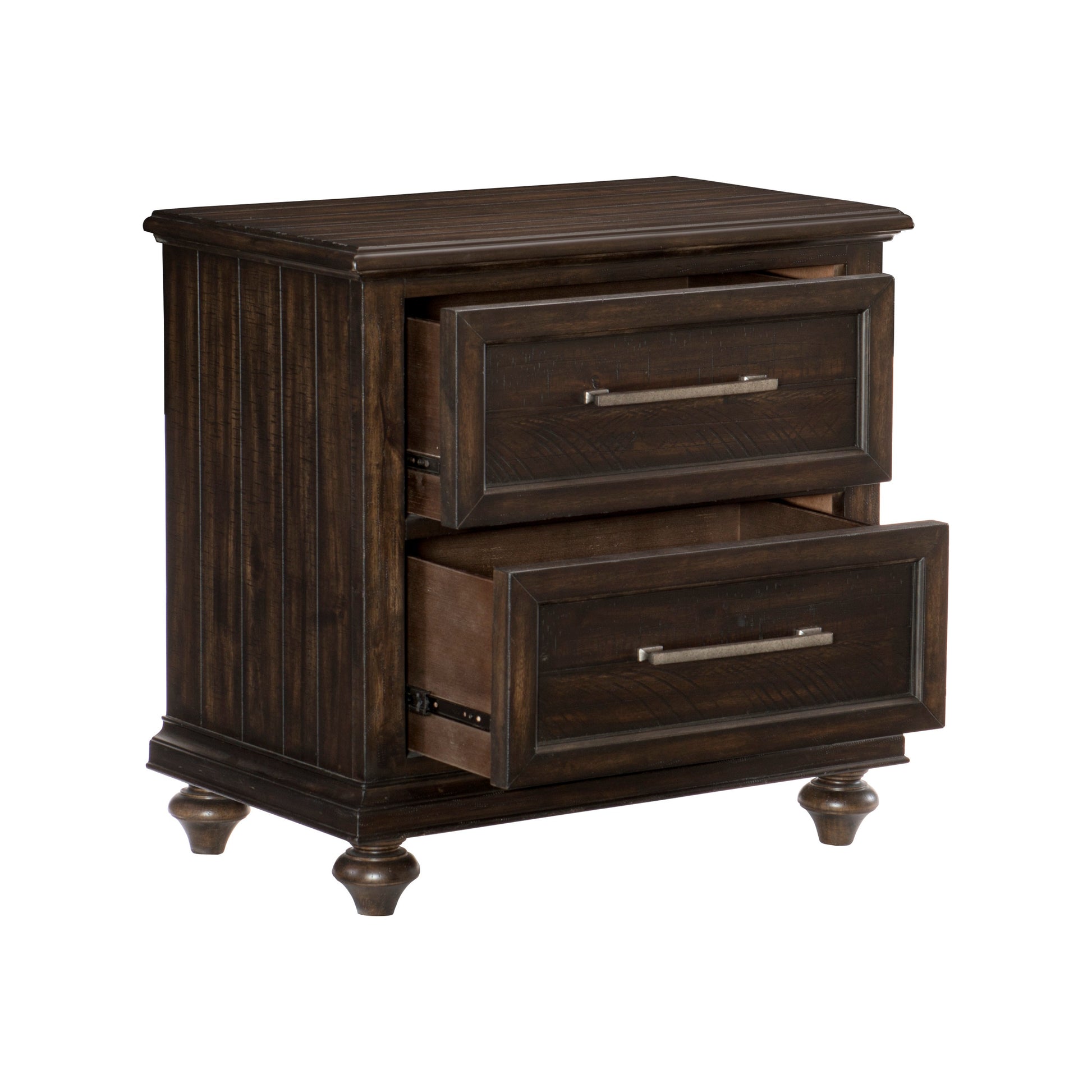 Dark wood bedside table with two open drawers and ornate legs antique style