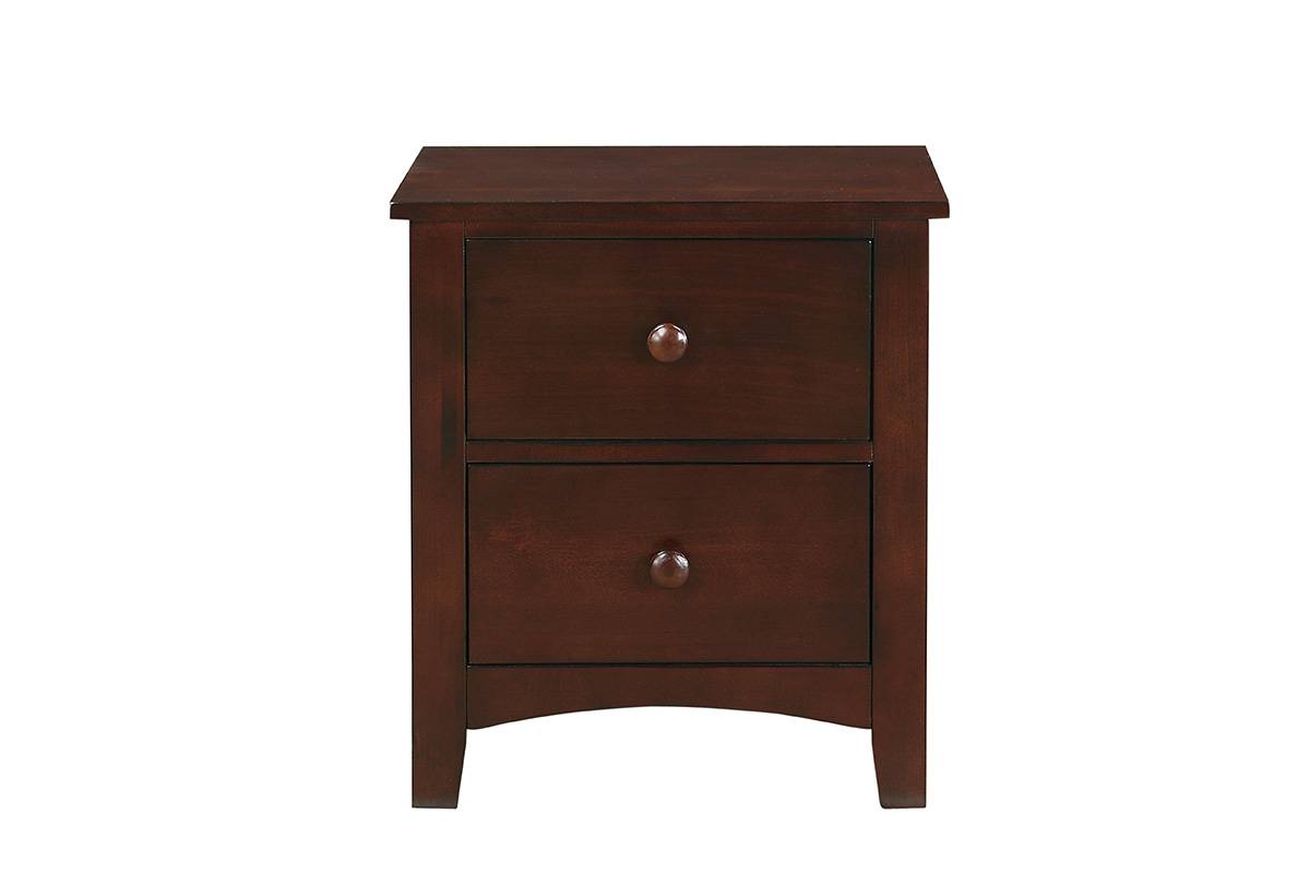 Dark wood bedside table with two drawers and round knobs