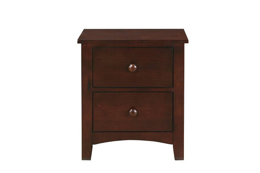 Dark wood bedside table with two drawers and round knobs