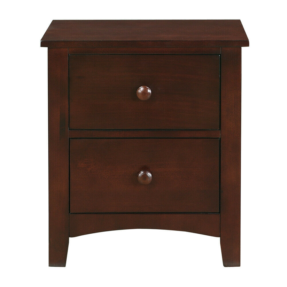 Dark brown wood nightstand with two drawers and round knobs
