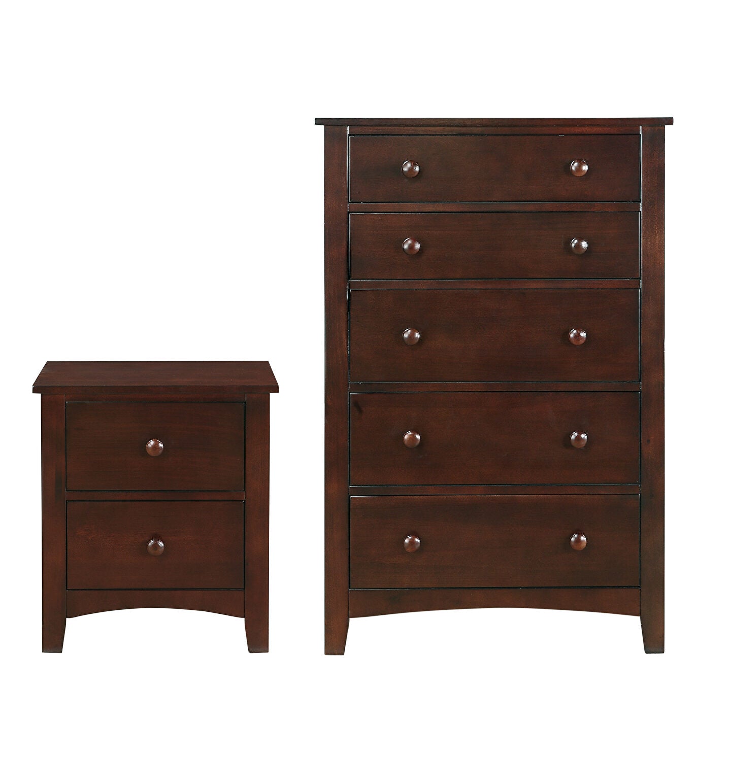 Dark cherry wood fivedrawer chest with rounded drawer pulls