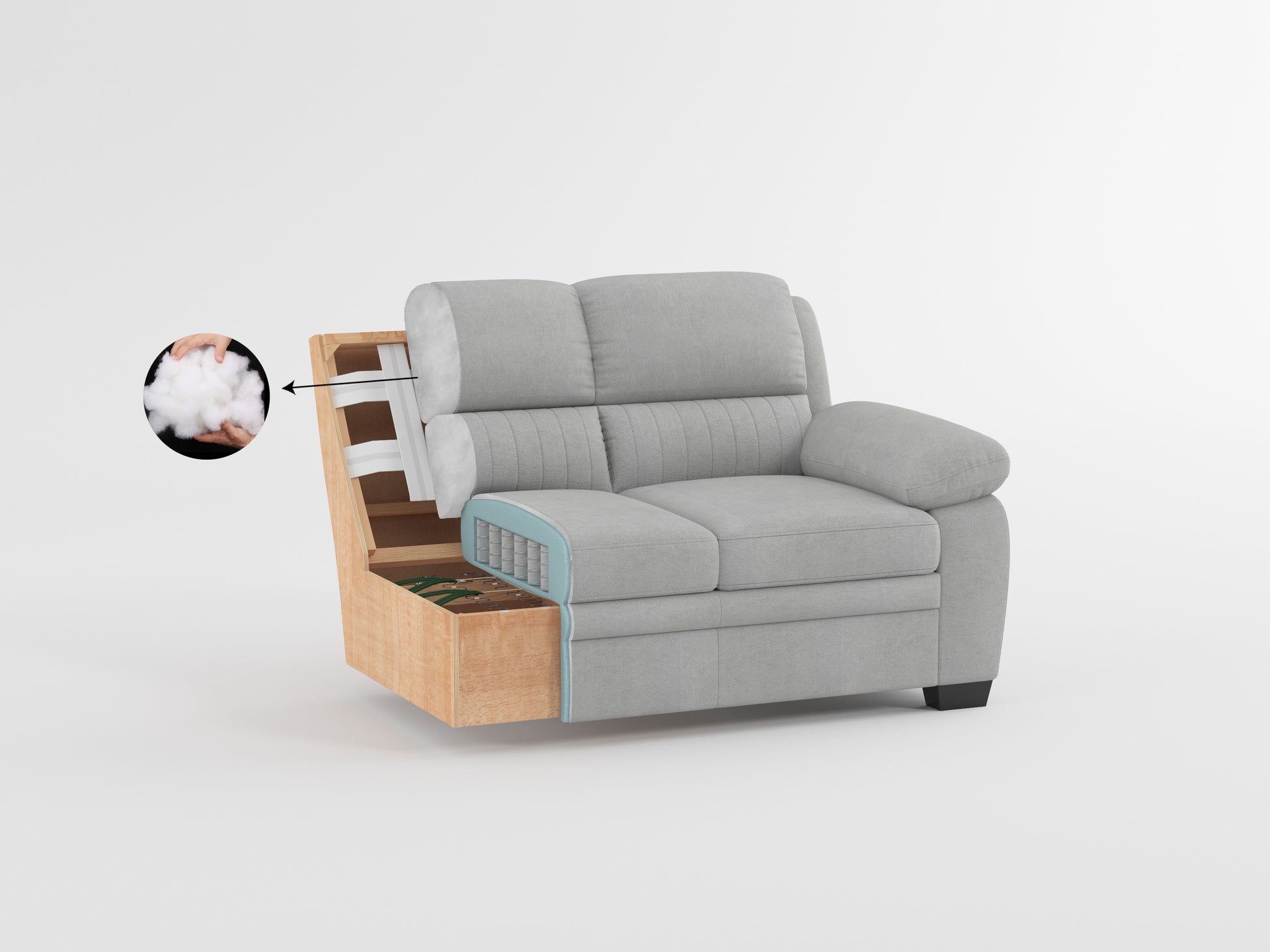 Gray fabric sofa cutaway showing inner springs wood frame and soft fiberfill stuffing