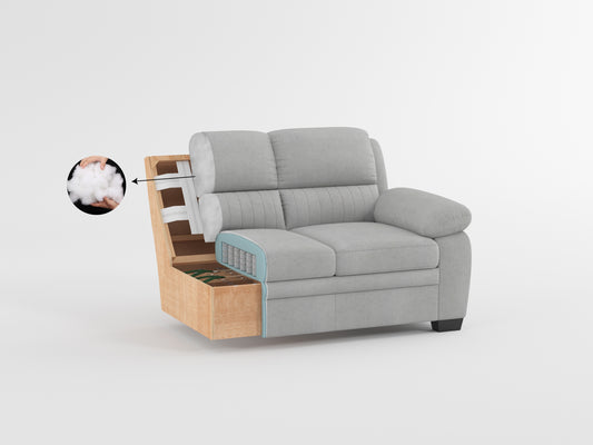 Gray fabric sofa cutaway showing inner springs wood frame and soft fiberfill stuffing